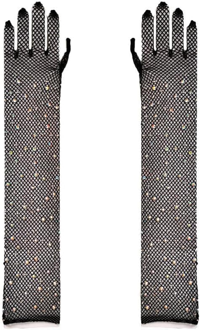 Women'S Rhinestone Fishnet Long Gloves Stretchy Opera Party Gloves Sparkly Mesh Stockings Gloves for Wedding Halloween Cosplay Tea Party Banquet Nightclub image number 1