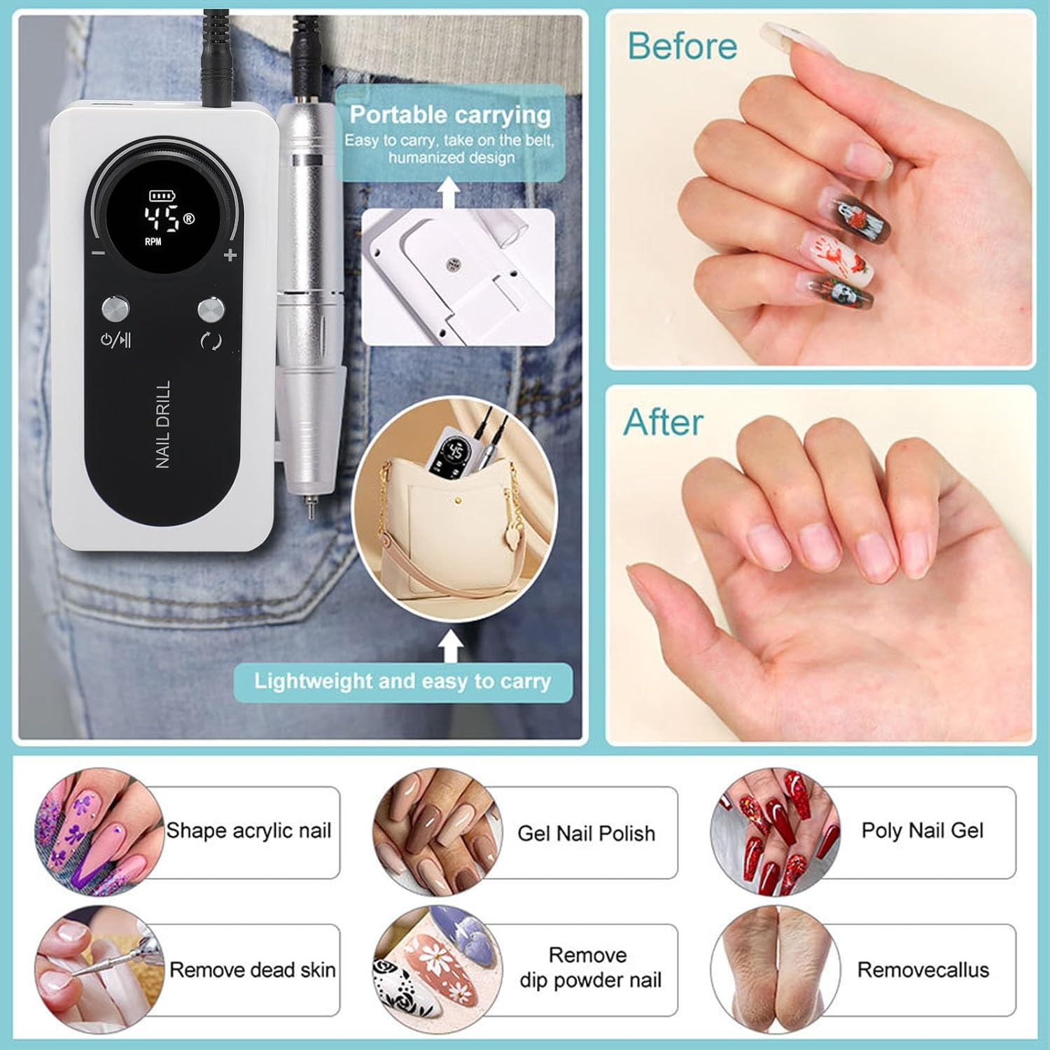 Elprico Electric Nail Drill, 45000RPM Professional Acrylic Nail Drill Machine, USB Rechargeable, ABS Material, Model: Elprico9Uhv8Qnipz image number 2