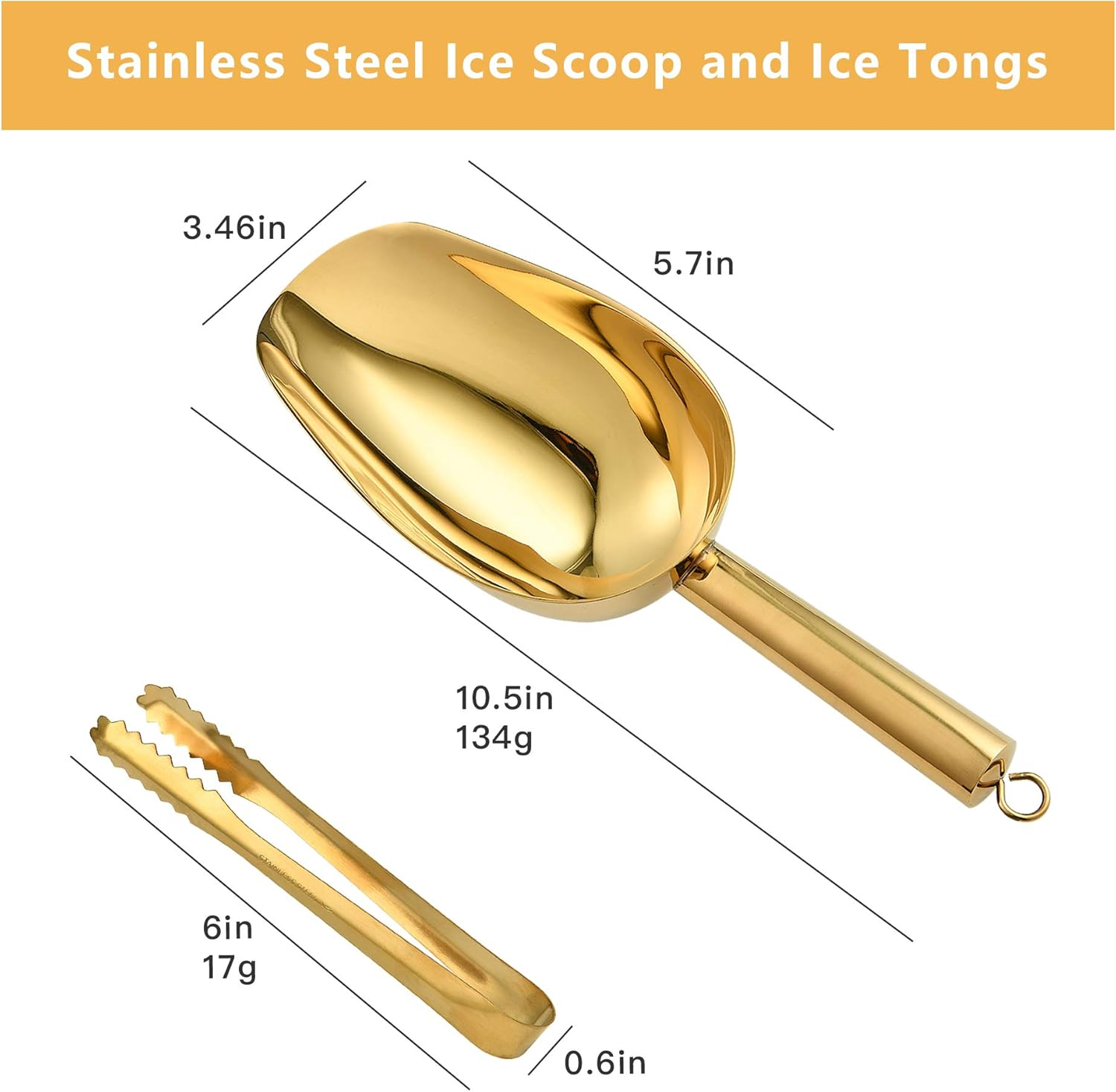Stainless Steel Ice Scoop and Ice Tongs, Small round Bottom Bar Ice Flour Utility Scoop & Buffet Clip Kitchen Bar BBQ Party Wedding, Gold image number 1