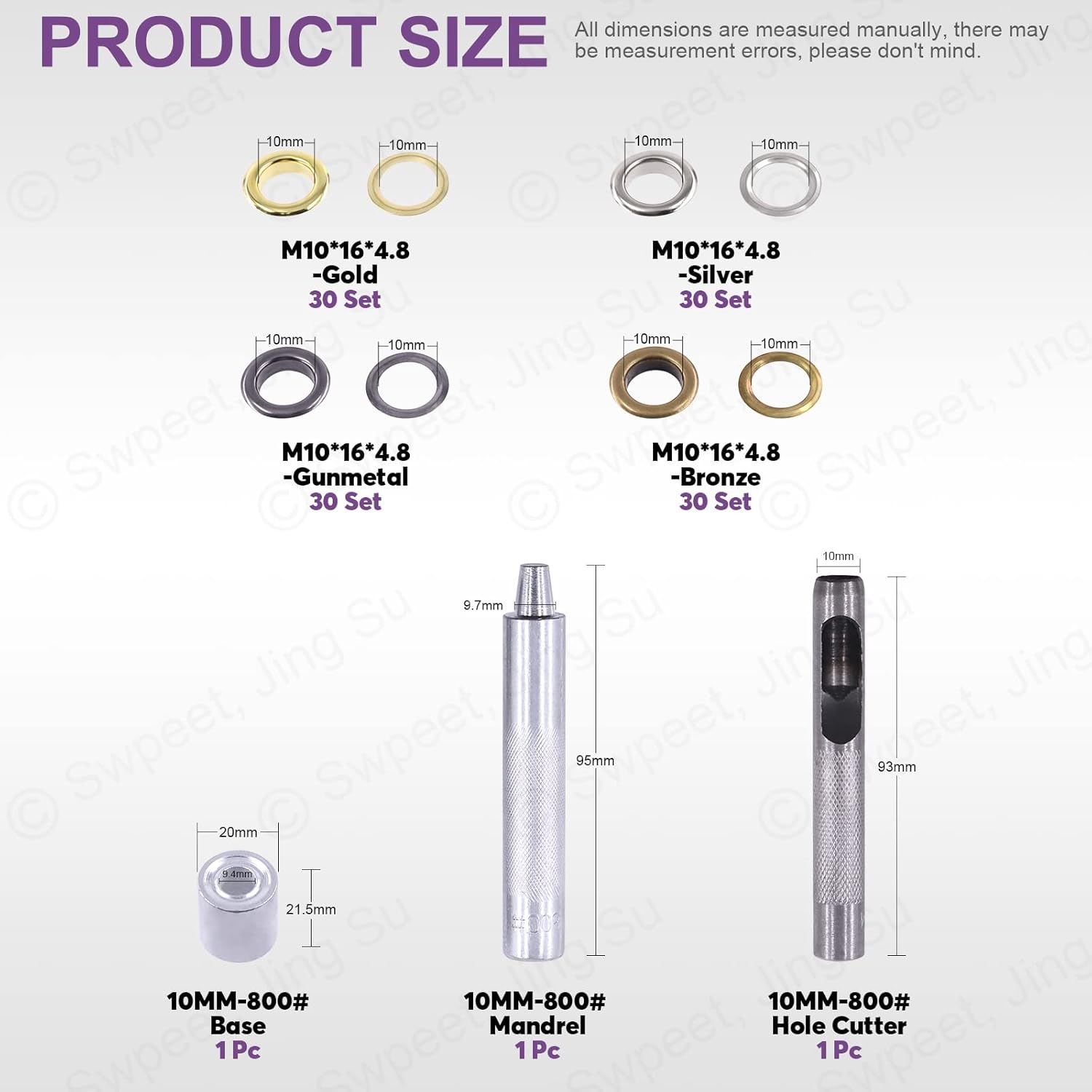 Swpeet 243Pcs - 120Sets 2/5" (10Mm) Hole Thicken Grommets 4 Colors Metal Grommets Eyelets Grommets with Washers and 3Pcs Setting Instal Tool Metal Eyelets Kit for Repairing Canvas, Leather