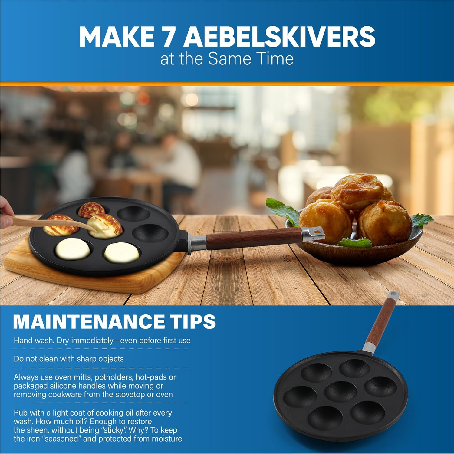 Starblue 7-Hole Cast Iron Aebleskiver Pan Detachable Wooden Handle, Pre-Seasoned, Aebleskiver Sticks and Recipe Book Included image number 6