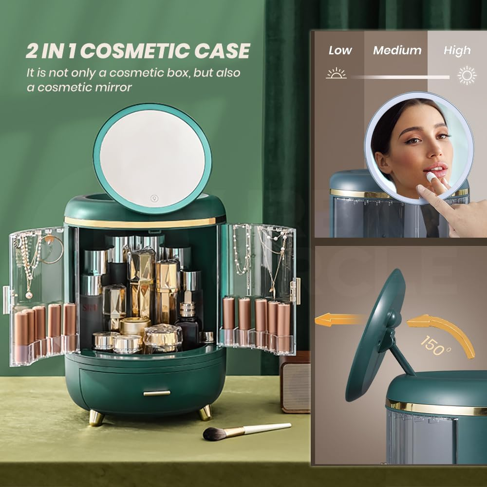 Furb Makeup Organisers - Waterproof Storage Box with LED Mirror, Dustproof Cosmetic Vanity Cases with 2 Drawers, Multi-Function Desk Cosmetics Display Storage Box (Green) image number 6