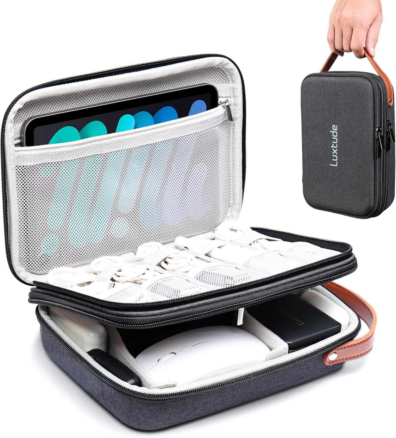 Luxtude Eva Cable Bag Organiser, Hard Shell Protection Electronic Cable Organiser Bag, Cable Organiser Bag, Tablet Bag, Electronic Accessories Case for Ipad (Up to 11 Inches), Charging Cable, Power