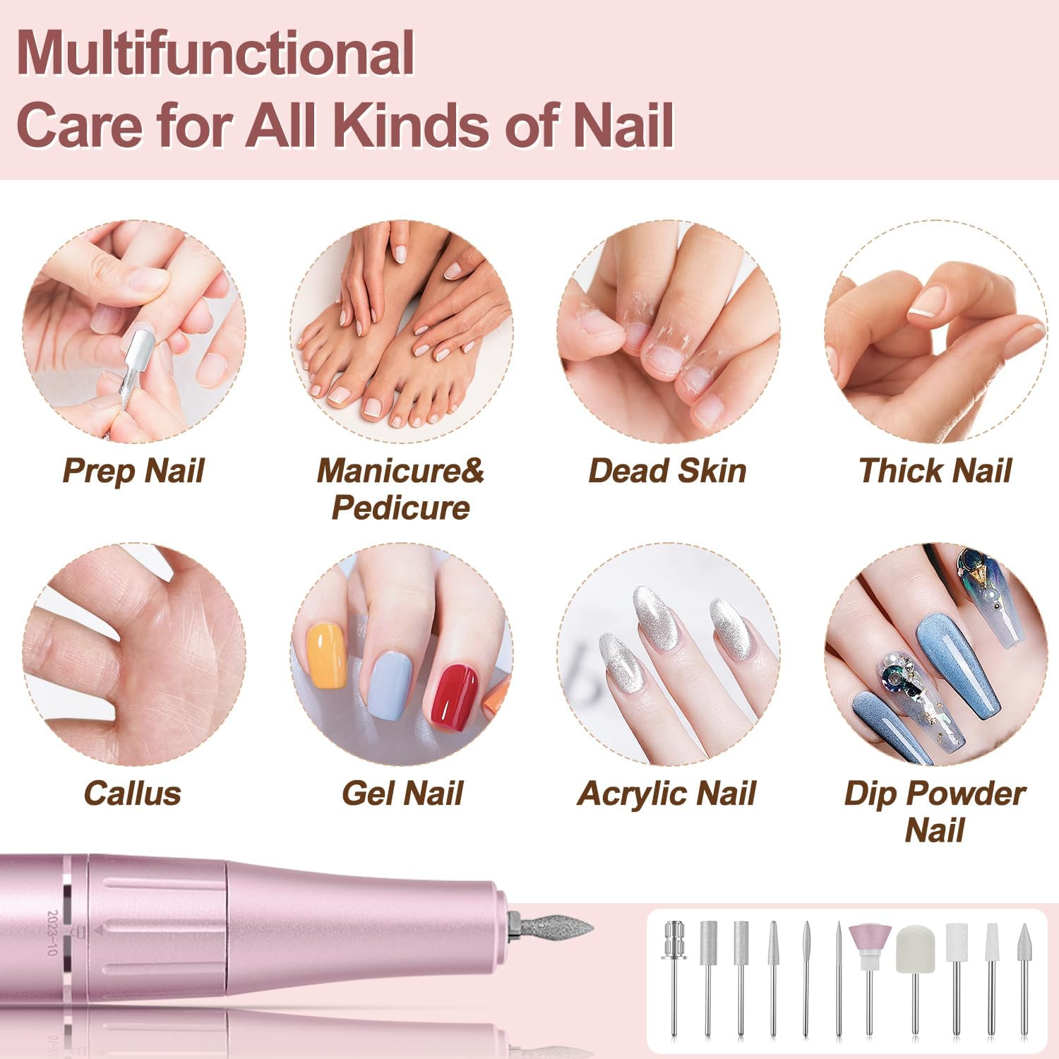 Electric Nail Drill Professional, 35000RPM Portable Efile Nail Drill with 11Pcs Nail Drill Bits, Rechargeable Nail Drill Machine with LCD Display for Acrylic Nail Remove Gel Polish for Home Salon Use image number 3