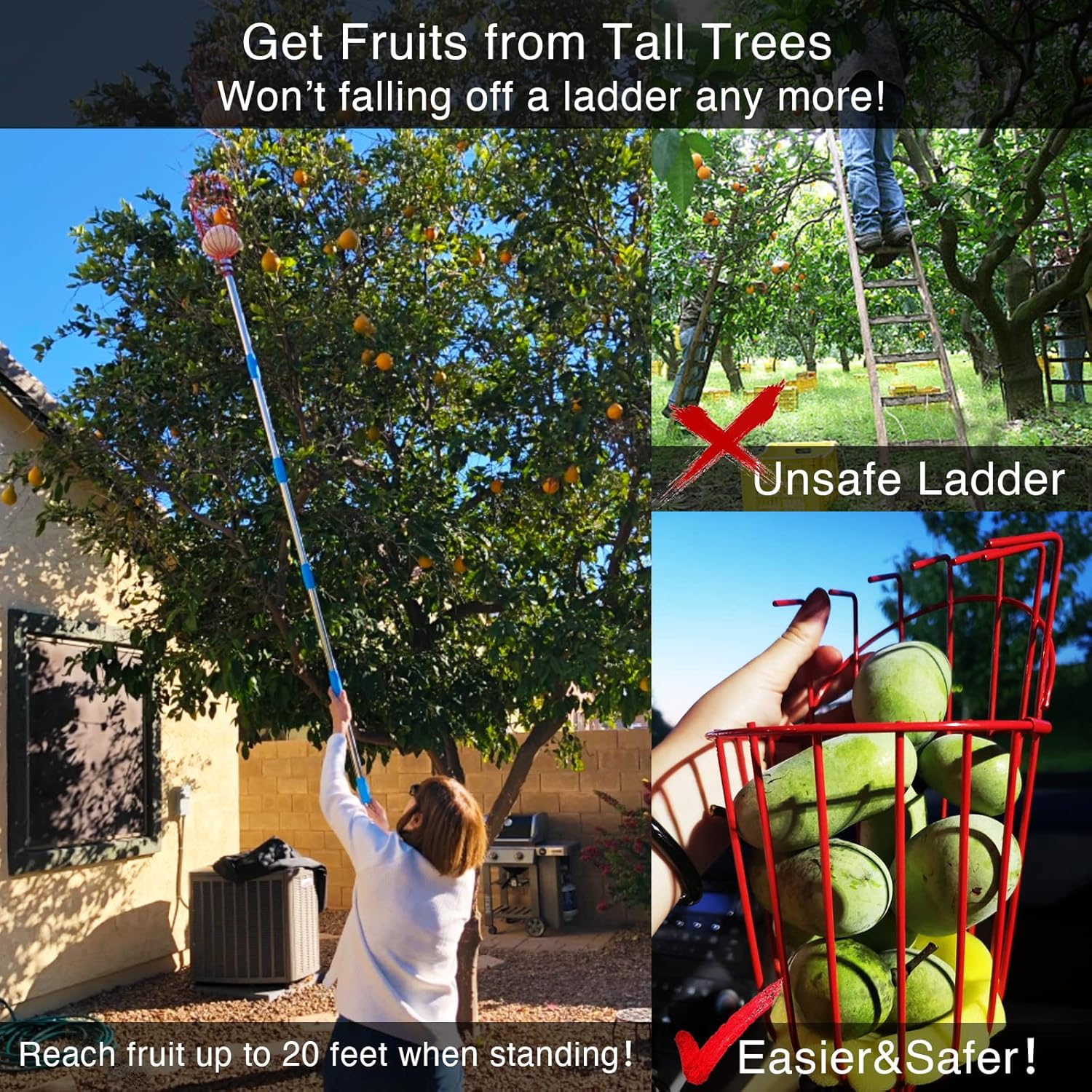 Donsail Fruit Picker Pole Tool with Basket Telescoping Long Handle, 35-65 Inch Adjustable Apple Orange Picker Pole Tool with Basket for Avocado Acorn Lemon Pear Mango Tree Picker image number 4