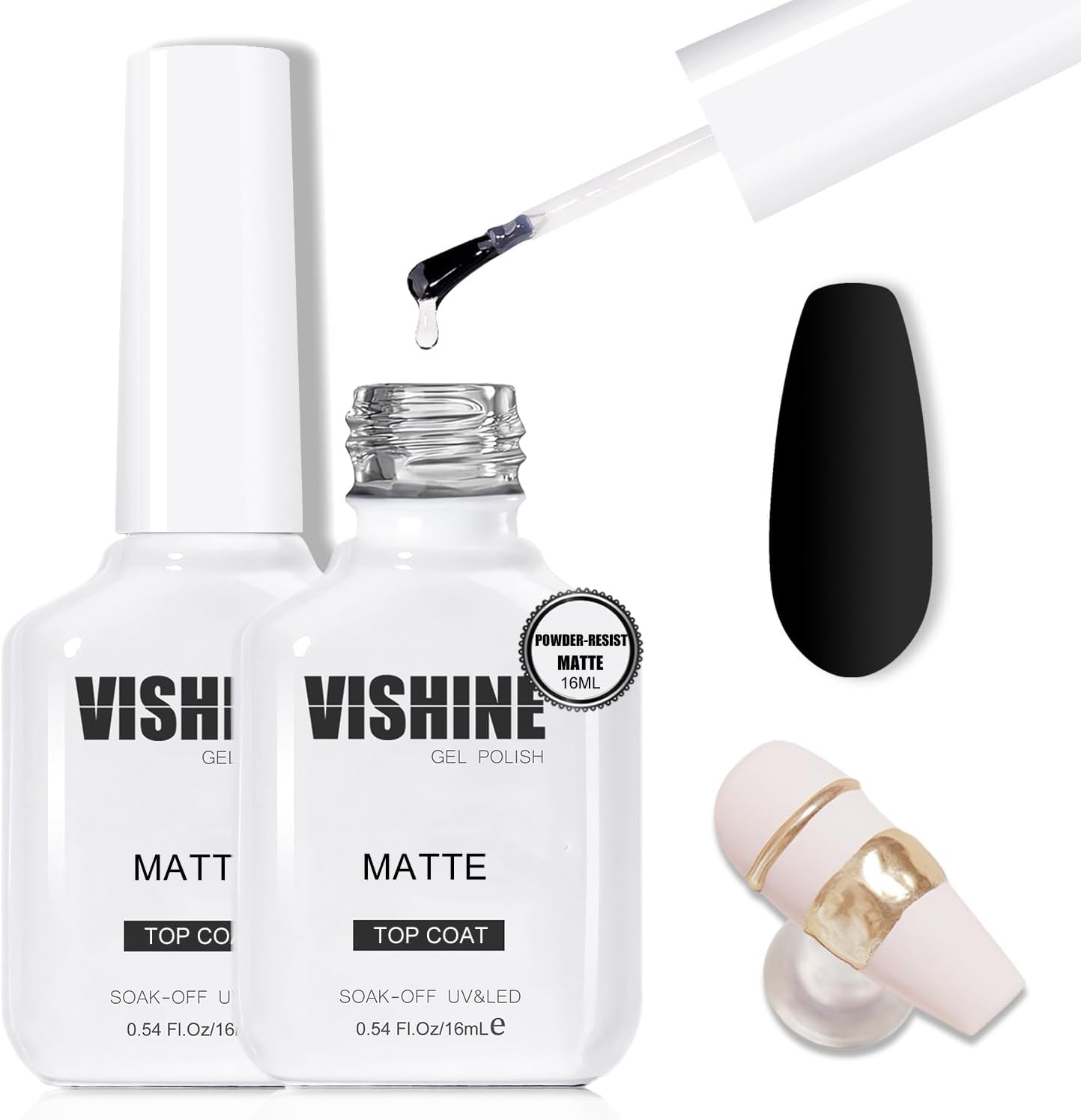 Vishine 2 Pcs 16Ml Matte Top Coat Gel for Gel Nail Polish, Powder-Resist Matte Finish for Detail Chrome Powder Painting Long-Lasting DIY Home Nail Salon