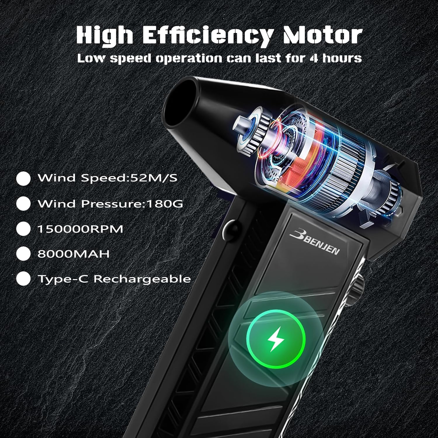 BENJEN Compressed Air Duster-150000Rpm Electric Air Duster for Cleaning Keyboard & PC Infinitely Adjustable Speed Cordless Turbo Fan Turbo Dryer Blower for Car, Air Bed, Outdoors, Home. image number 3