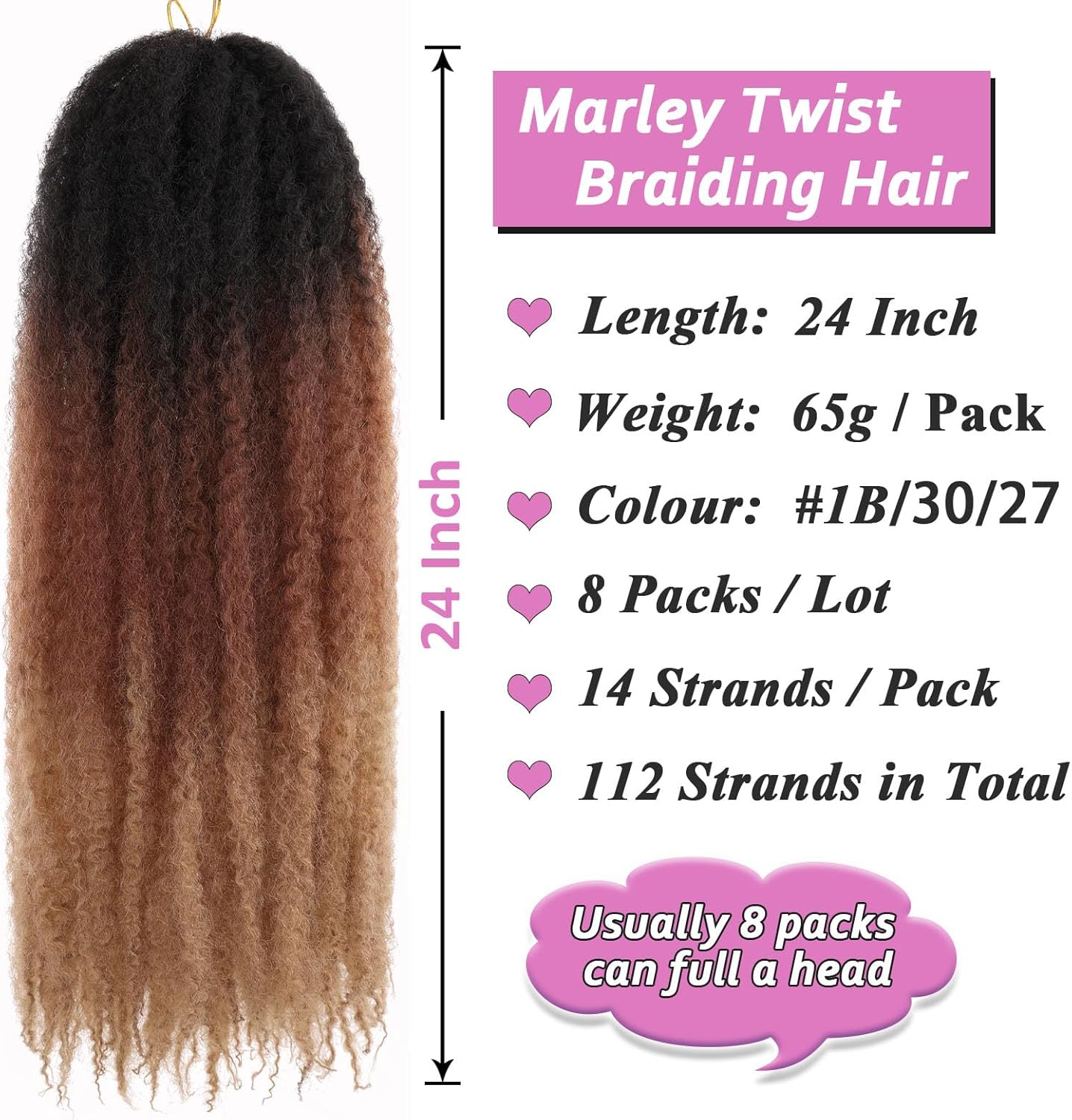 Samtress Marley Twist Braiding Hair 24 Inch Afro Kinky Twist Crochet Hair Extensions 8 Packs Ombre Springy Afro Kinky Twist Crochet Hair for Faux Locs Synthetic Braiding Hair for Women (#1B/30/27) image number 3