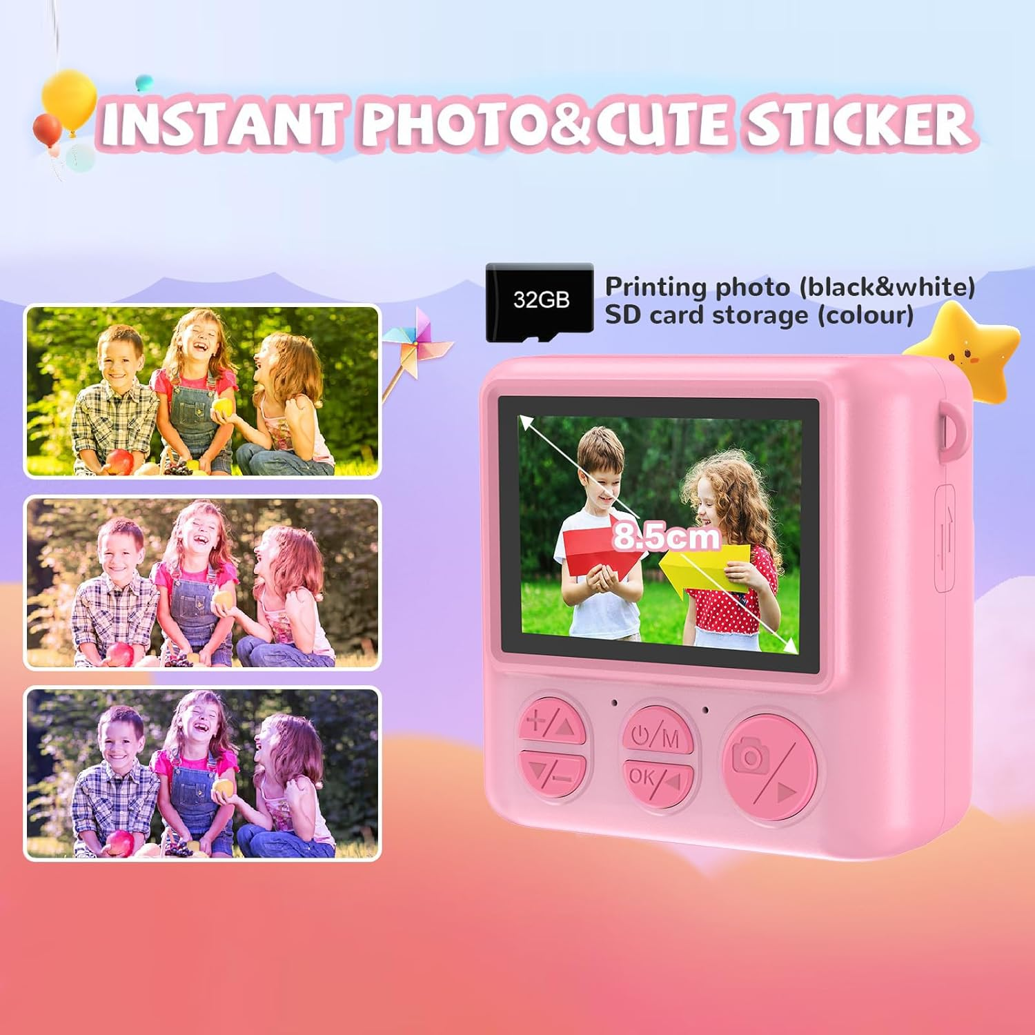 Omebel Kids Digital Camera, Instant Print Camera for Kids, HD Video, 32GB SD Card, Portable Toddler Camera for Girls & Boys Age 3-12, Christmas Birthday Gifts, Kids Camera & Photo Kids Toys (Pink) image number 5