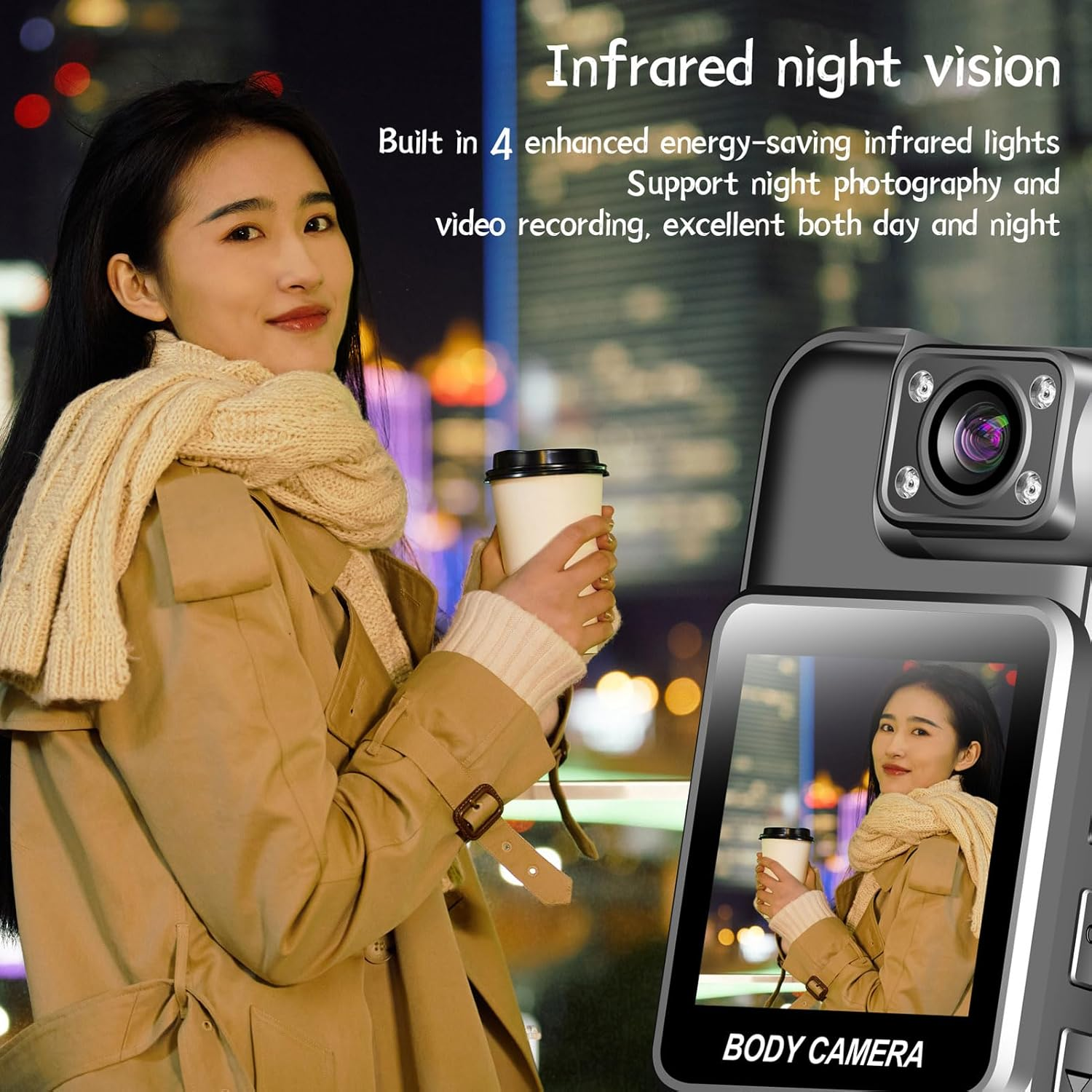 4K Body Worn Cam, Motion Detection, 180&deg; Rotatable Lens, One Touch Recording, Supports 128GB, 1000Mah Battery, TFT Screen, Cyclic Video, IR Video Camera Wearable with 180&deg; Lens image number 3