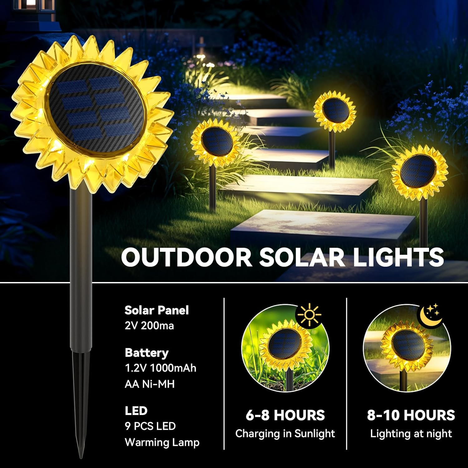 Solar Pathway Lights - 4 Pack LED Sunflower Garden Light, Waterproof Outdoor Decor for Wall, Lawn, Yard, Walkway, Patio, Landscape image number 2