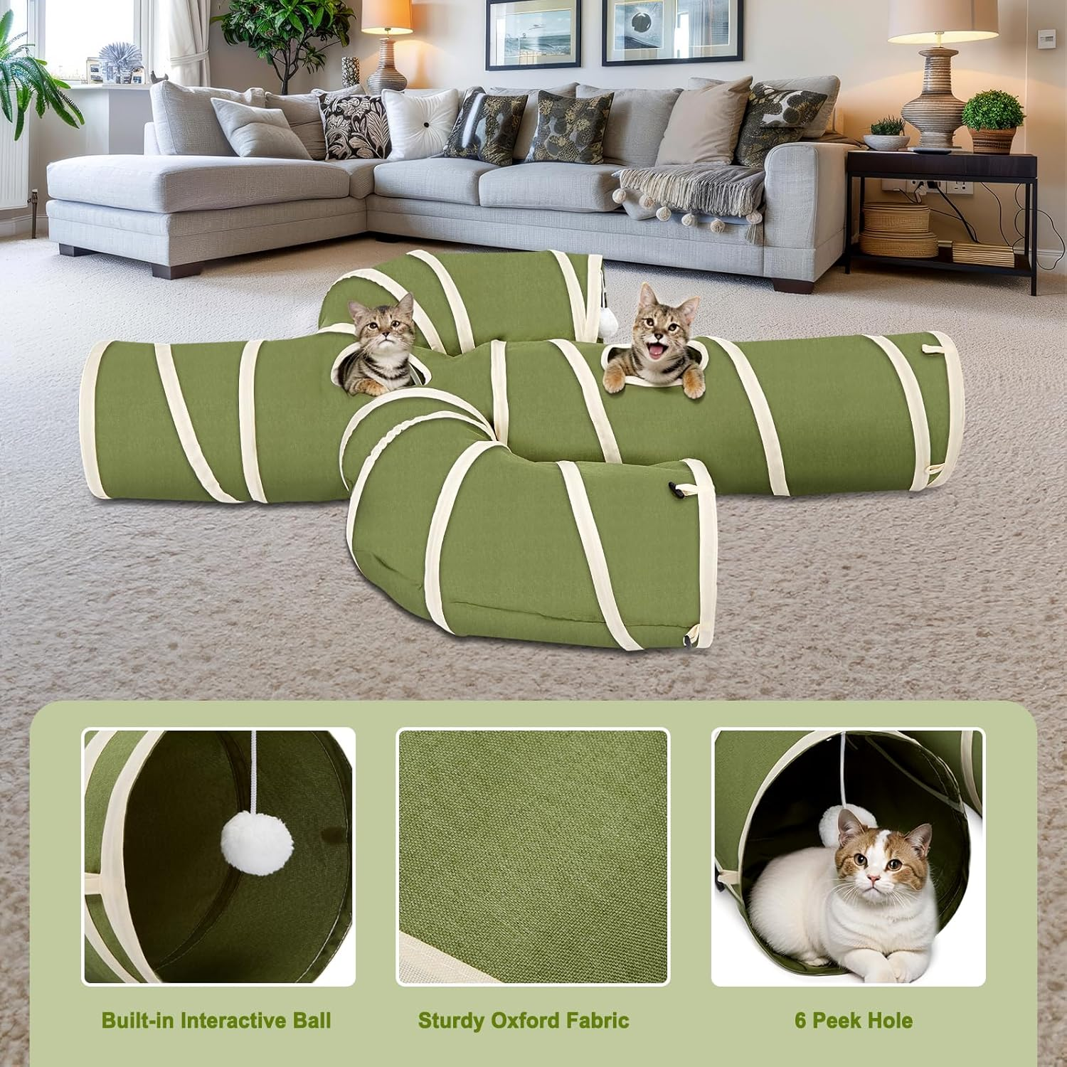 Ownpets Cat Tunnel Large 30Cm Diameter, Cactus-Shaped Cat Tunnel Toy, Sturdy Oxford Fabric Collapsible Cat Tunnels for Indoor Cats, Interactive Peek Hole Pet Tunnel Tube with Cat Wand Toy, Green