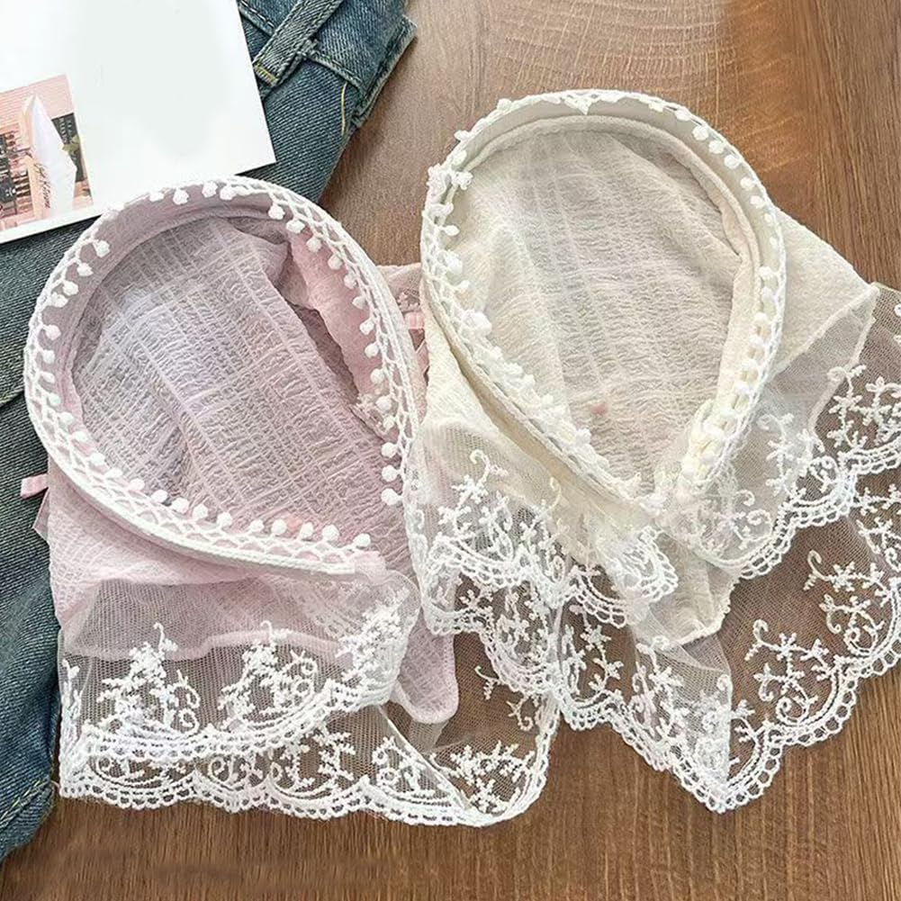 CABODYALS 2 Pieces 2 Colours Lace Hair Bandana Boho French White Pink Vintage Cute Soft Headscarf Non-Slip Summer Scarf Headscarf for Women Bridal Wedding Party Styling Dress Accessories image number 4