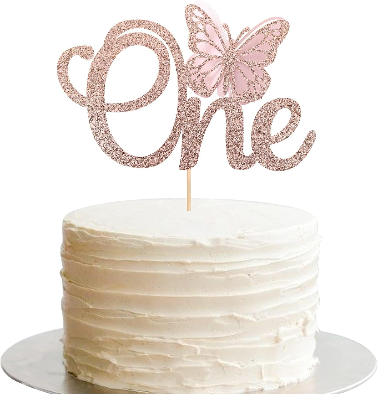 SYKYCTCY 1 Pack Butterfly One Cake Topper Glitter Butterfly 1St Birthday Cake Pick for Butterfly Theme Baby 1St Birthday Baby Shower Party Cake Decorations Supplies Rose Gold