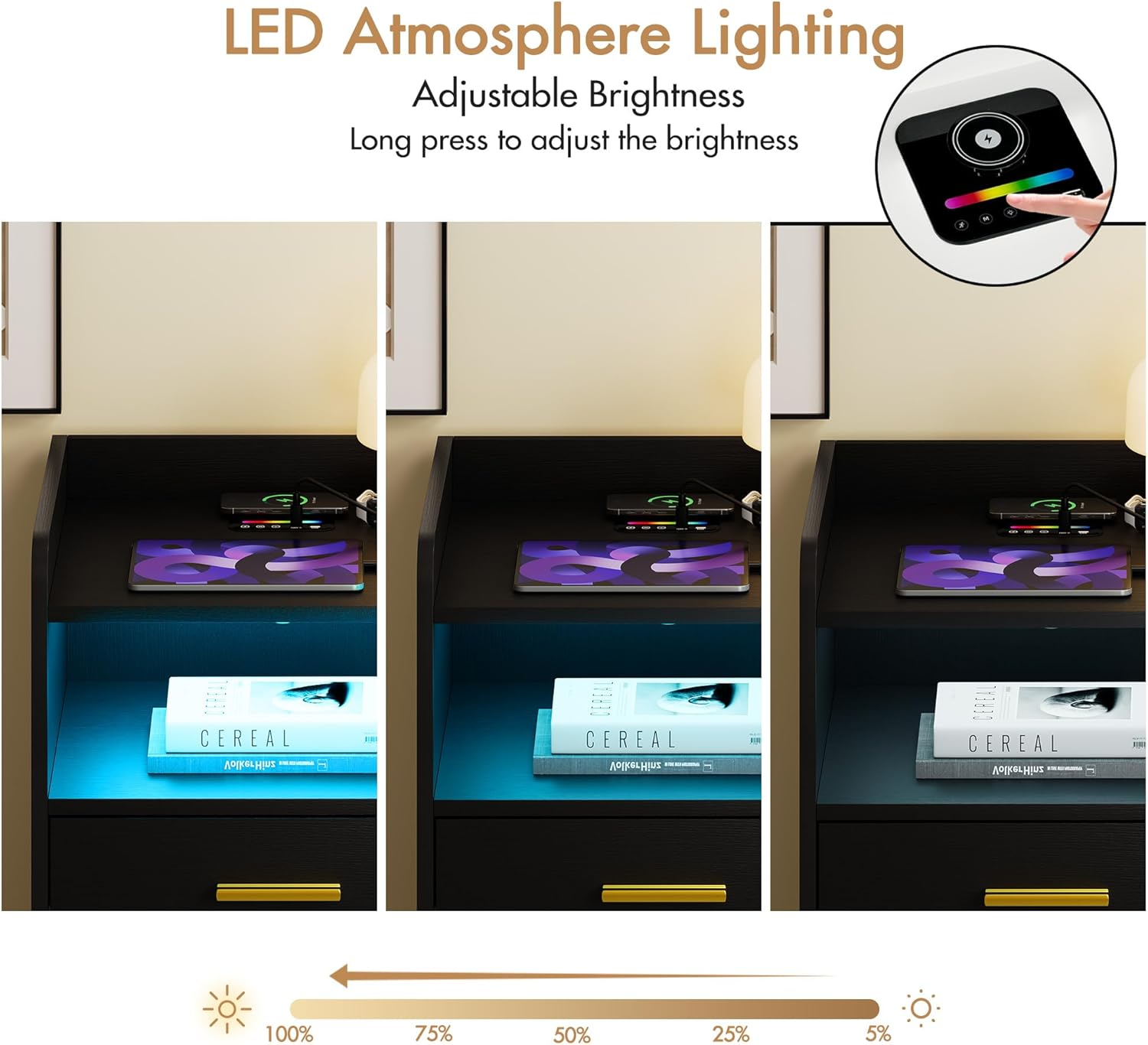 Advwin Bedside Table 2 Drawers, LED Nightstand with Human Induction, Wireless Charging Station and USB & Type-C Port, Chest of Drawers with Storage Shelf, Black (1, Black) image number 1