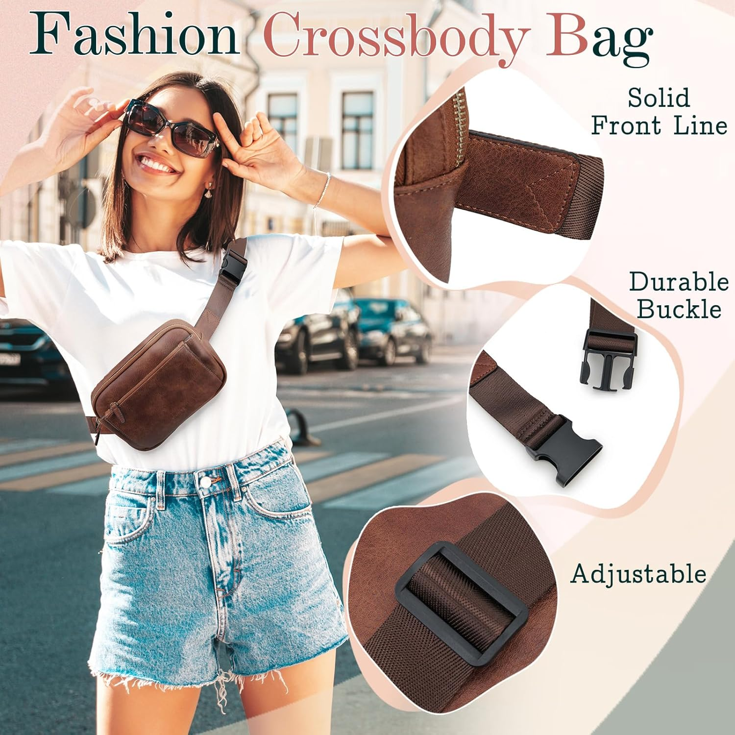 VX VONXURY Fashion Belt Bag,Vegan Leather Fanny Packs with Adjustable Strap,Trendy Small Crossbody Waist Bag (All Brown-Faux Leather)