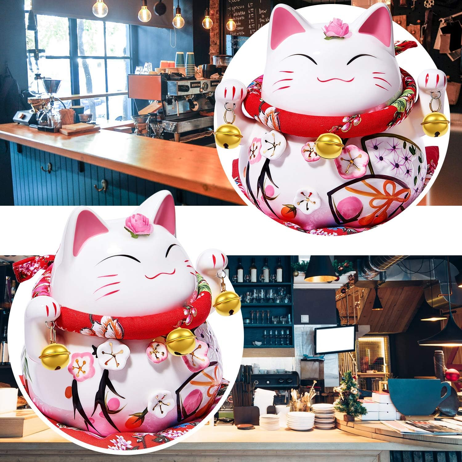 Randj 6" Cute Lucky Cat Maneki Neko Japanese Lucky Cat with Two Bells Piggy Bank Gift Desk Decoration (Head Flower) image number 2