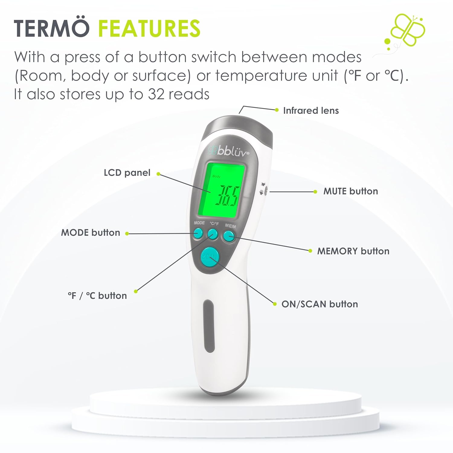 Termo &ndash; 4-In-1 Infrared Digital Thermometer, Easy to Use with LCD Light and Audible Alarm, Non-Contact Forehead Temperature for Adults and Kids image number 3