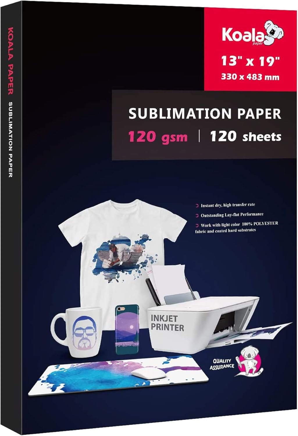 Koala 120 Sheets Sublimation Paper 13X19 for Heat Transfer DIY Gift Compatible with Epson Sawgrass Ricoh HP Canon Inkjet Printer with Sublimation Ink