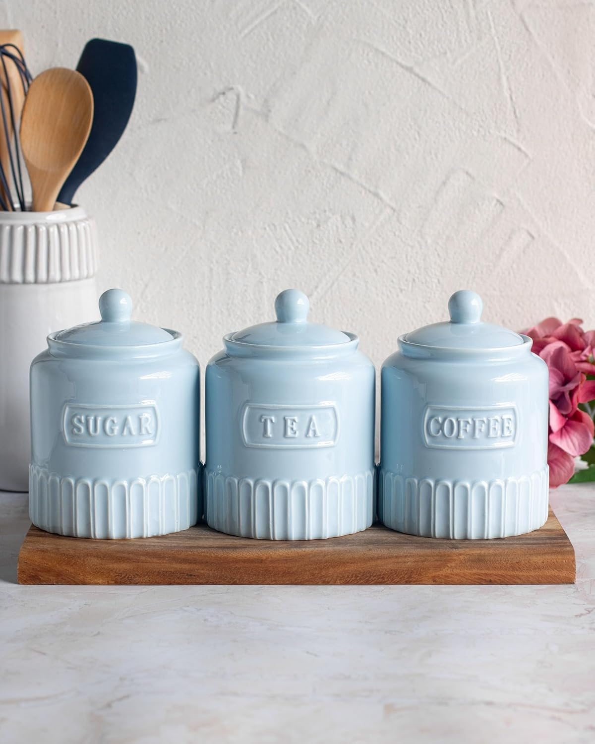 The House of Florence Kitchen Canisters Set, 3 Piece Coffee Tea Sugar Storage Containers, Soft Blue image number 3
