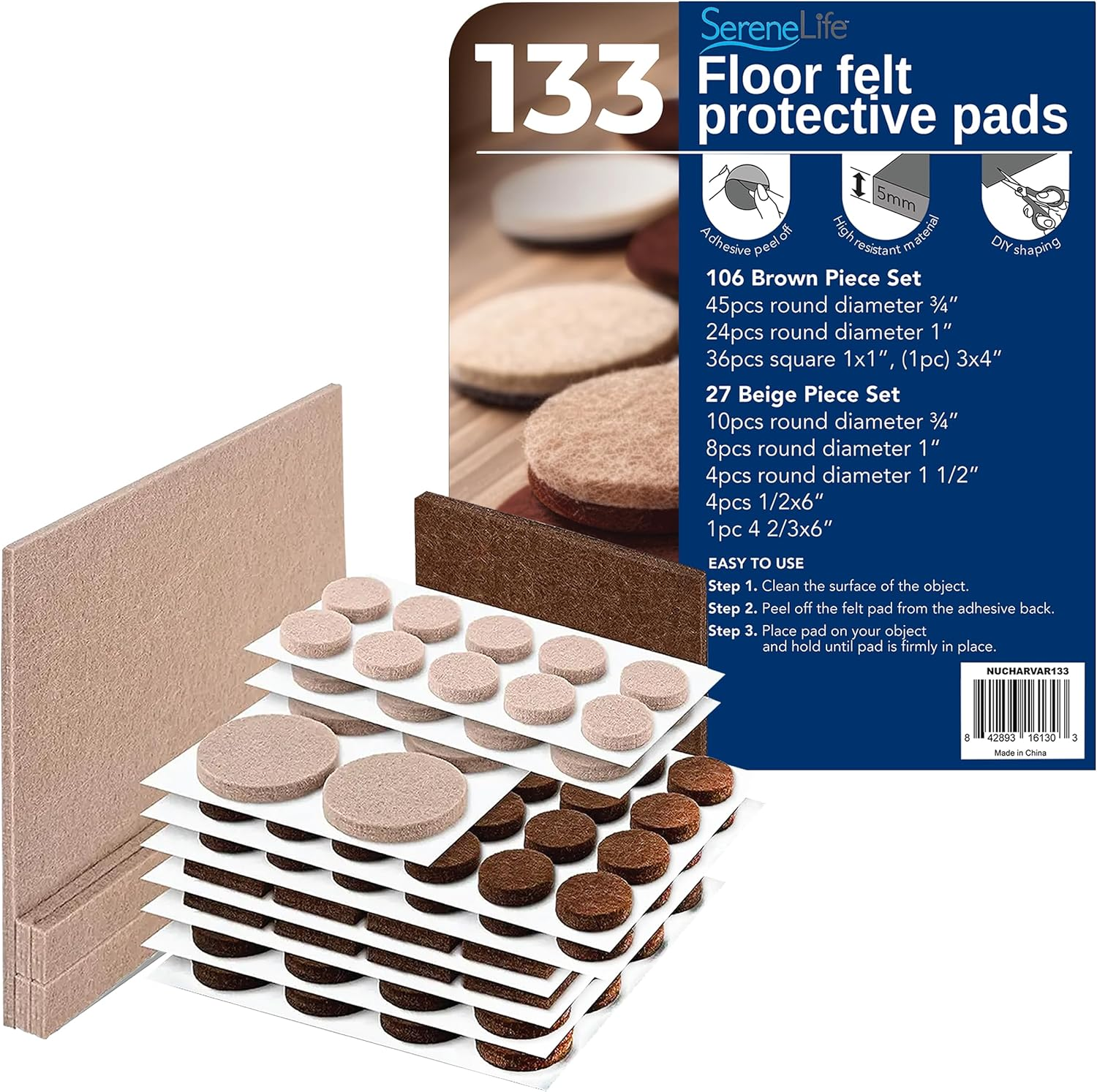 Serenelife Scotch Felt Pads 133 PCS Beige, Felt Furniture Pads for Protecting Hardwood Floors, Round, Assorted Sizes Value Pack, Self-Stick Design, Protecting from Nicks,Dents and Scratches (SP845-NA)