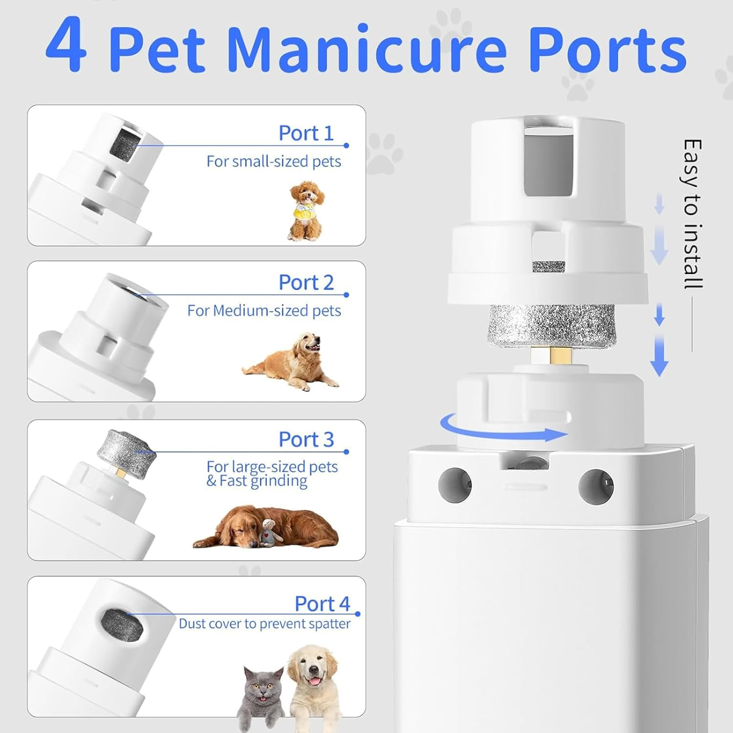 Dog Nail Grinder, 4-Speed Professional Dog Nail Trimmer W/Led Light, Battery Level & Gear Display, 4 Grinding Ports, Tail Red & Purple Light Design, Pet Nail Grinder for Dogs Cats
