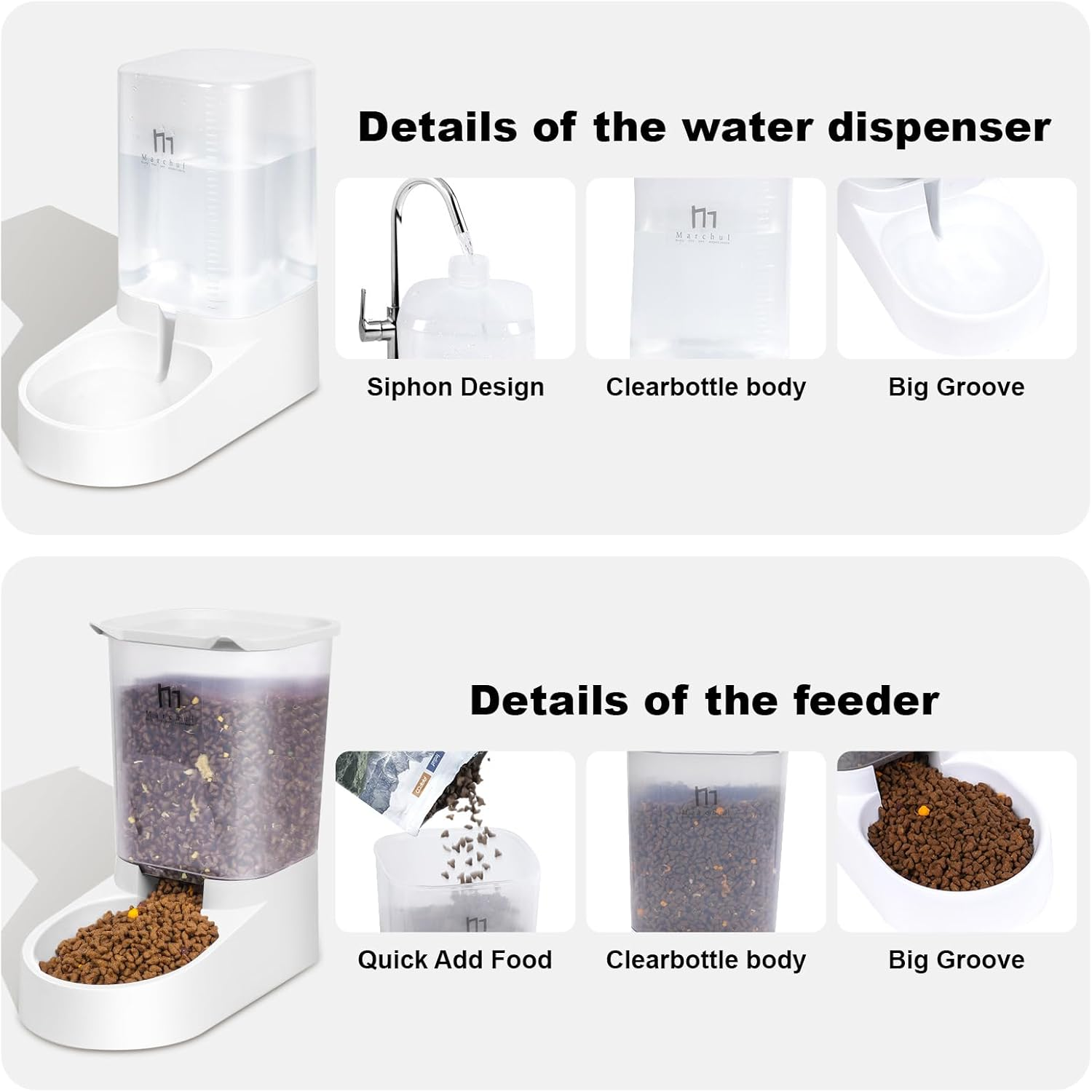 Marchul Pet Feeder and Water Dispenser Set, Automatic Gravity Cat Food Dispenser and Water Bowl, Dog Feeder with Scoop Sponge Brush, Big Capacity 3.8L image number 4