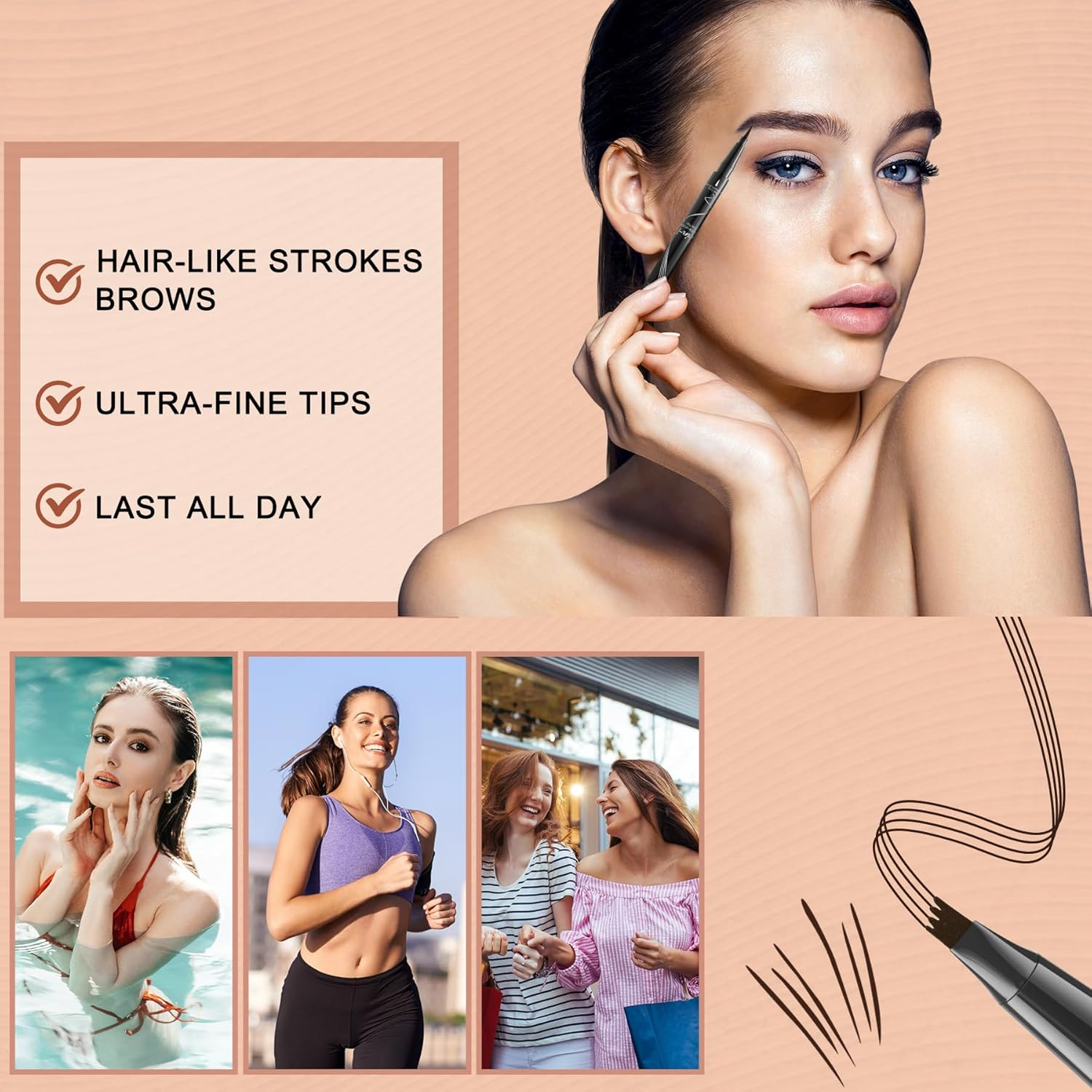 Microblading Eyebrow Pen - Waterproof 2-In-1 Dual-Ended Eye Brow Pen with 4-Fork-Tip Brow Pen and Precise Brush Create Natural Looking Defined Eyebrows Last All Day image number 3