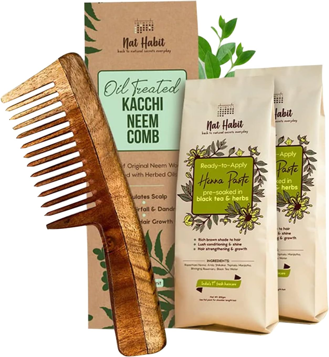 Nat Habit Wide Tooth Wooden Kacchi Neem Comb & Henna Paste Soaked in Blacktea and Herbs for Hair Growth, Hairfall Control & Hair Smoothening (Combo Pack of 3) image number 5