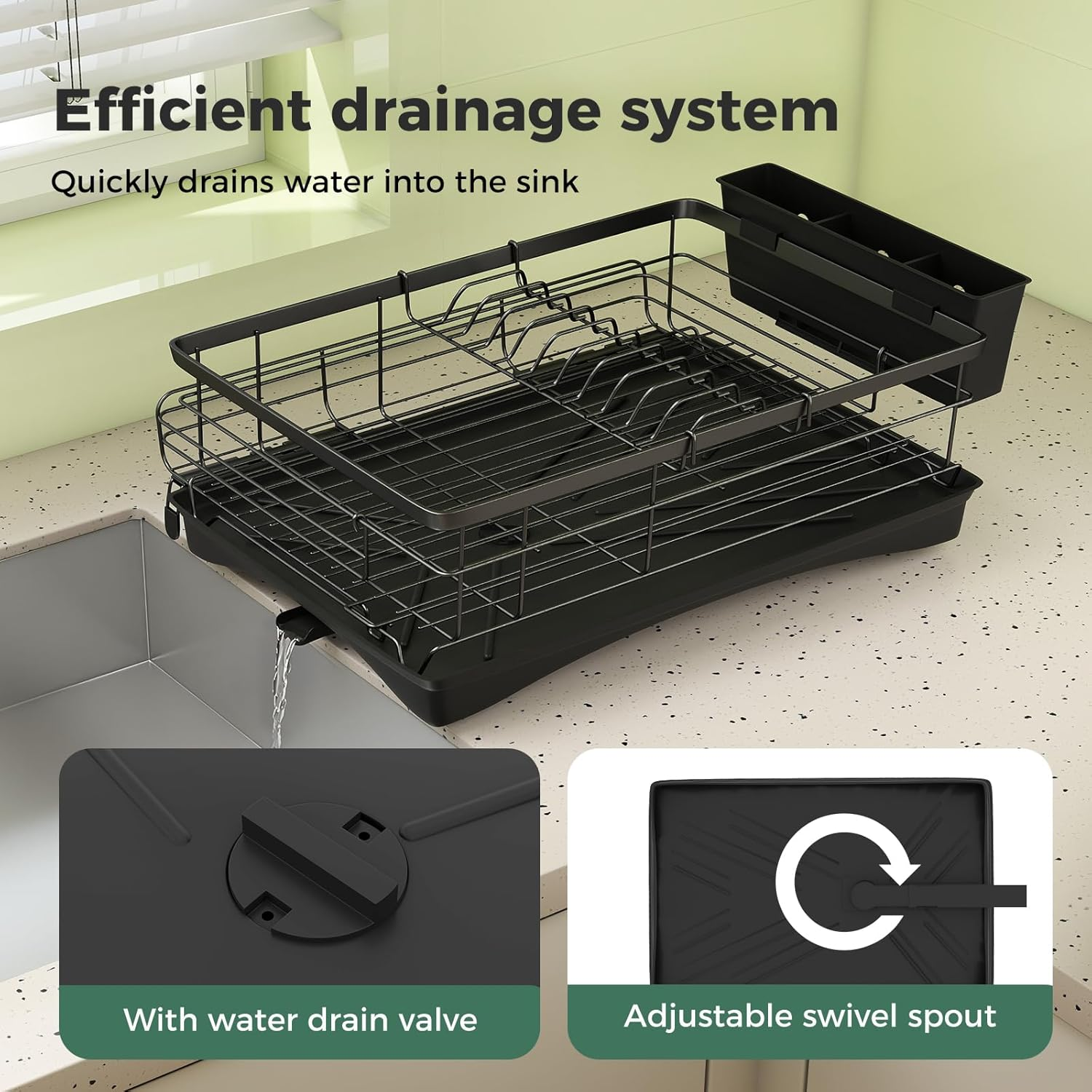 Toque Expandable Dish Drying Rack with Cutlery Holder, Anti-Rust Black Dish Racks for Kitchen Counter,Durable Coated Steel Dish Drainers for Kitchen Counter,Over the Sink Drying Rack(42 X 28 X 15CM)