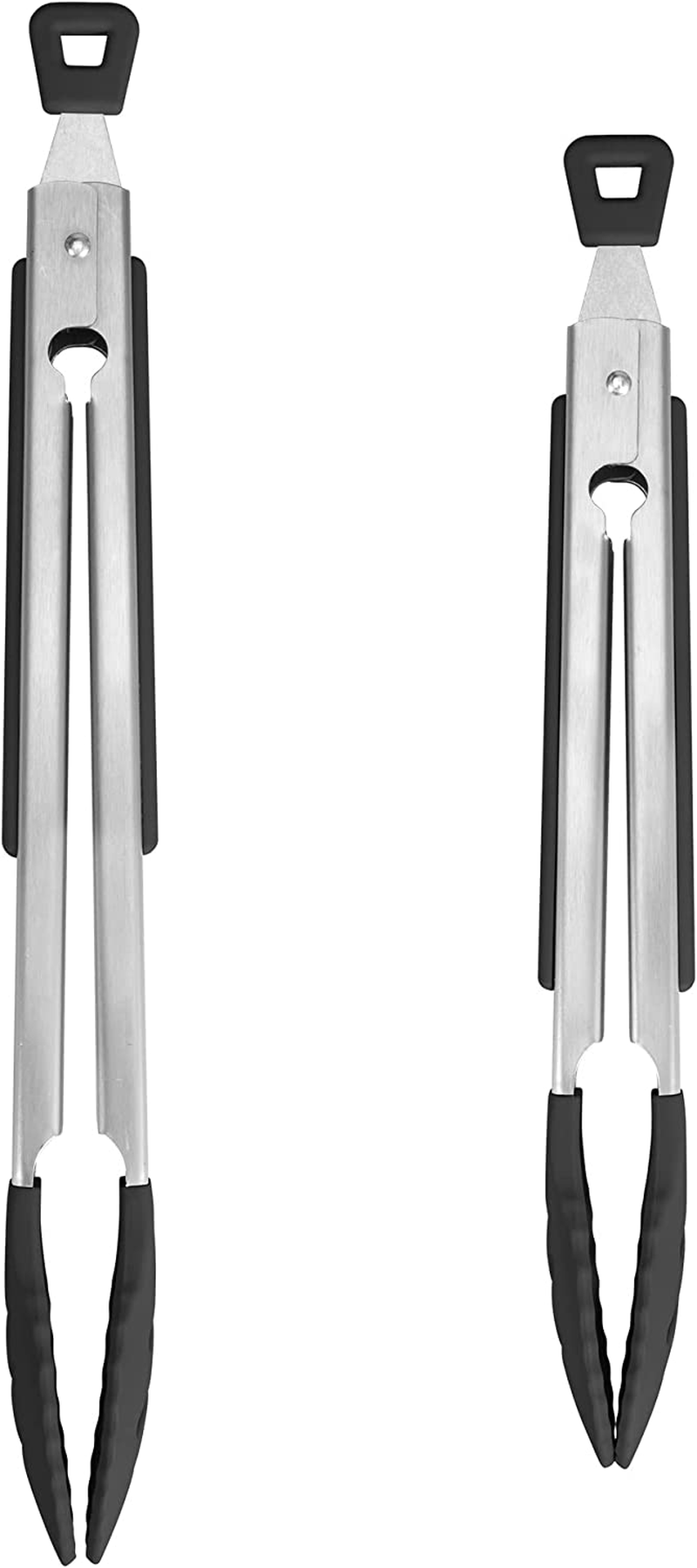 Premium Silicone BBQ Turners, 9-Inch & 12-Inch Cooking Locking Food Kitchen Tongs with Ergonomic Handle, Black