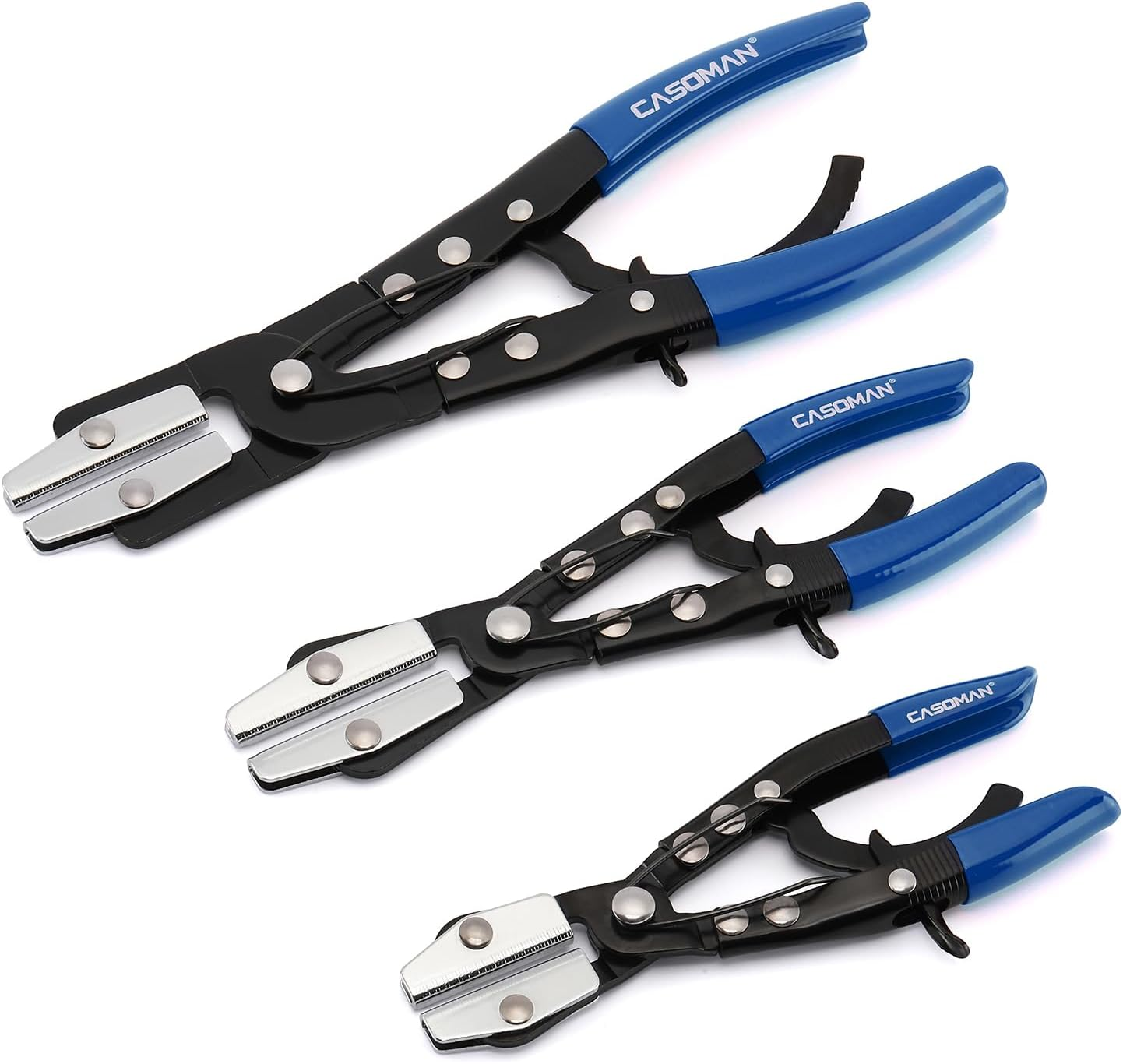 CASOMAN 3PC Blue Hose Pincher Pliers Set, Locking Ratcheting Hose Pinch off Pliers for Automotive, Radiator, Fuel, Coolant Lines