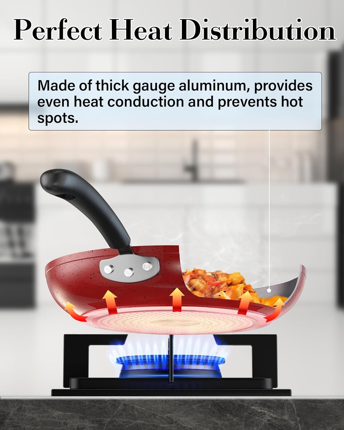 Cook N Home Nonstick Frying Pans Set 3 Piece, 8, 9.5, 11-Inch Kitchen Cooking Skillets Saute Fry Pan Induction Compatible, Marble Red image number 2