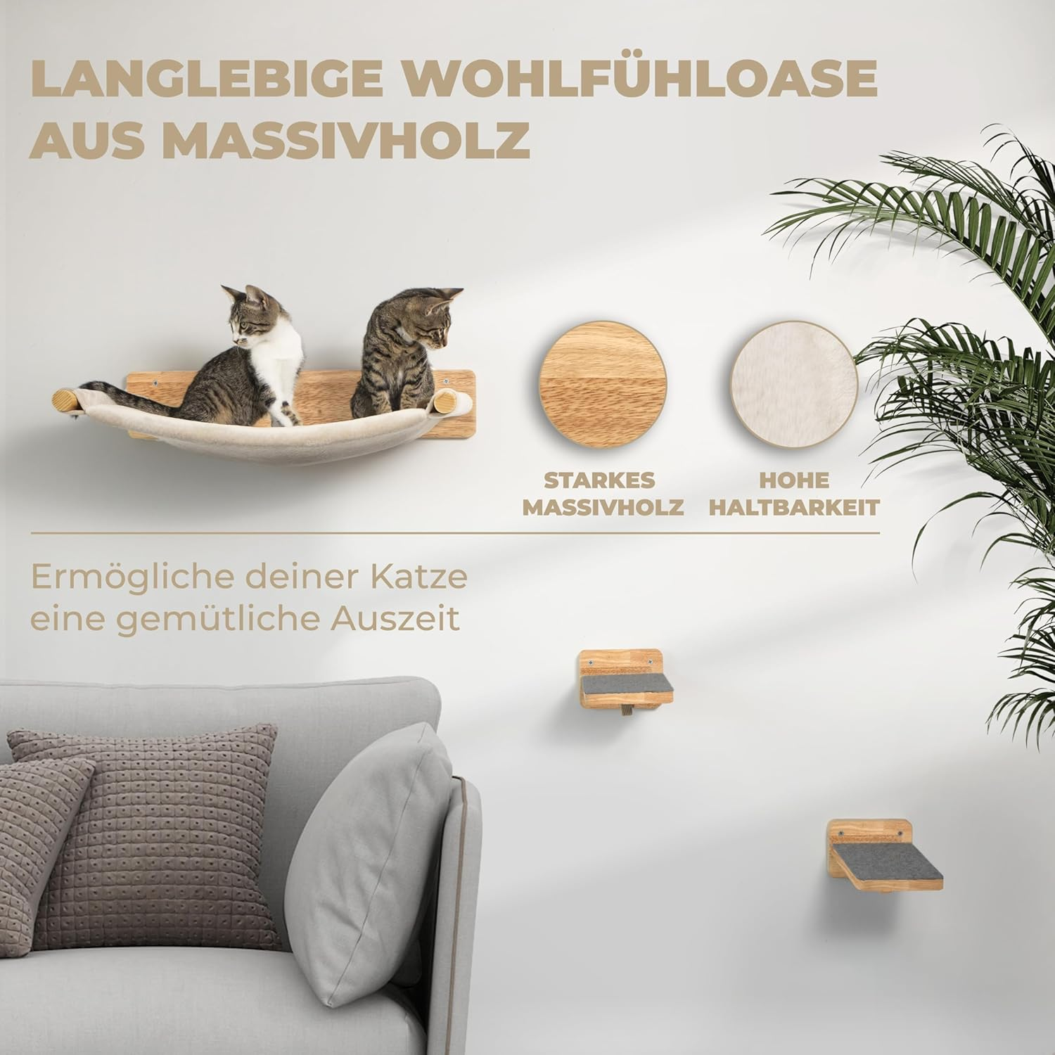 WOOWOOD&reg; Climbing Wall Cats Including 2 X Cat Stairs Wall [Solid Wood] I Cat Scratching Post Wall I Hammock Cat I Cat Wall I Wall Scratching Post I Cat Furniture I Cat Climbing Wall I Cat Hammock Wall image number 1