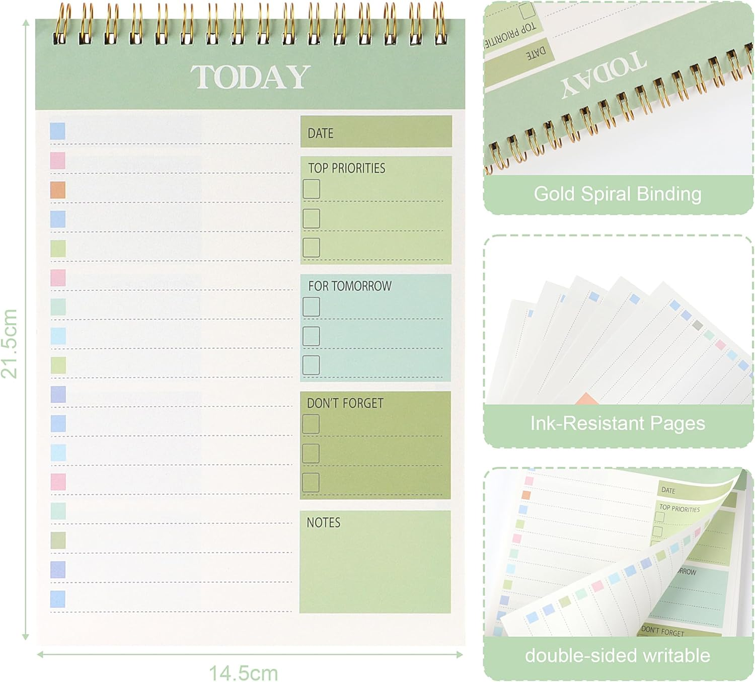 JUNART Daily Planner Notepad, 8.5"&times;5.7" to Do List Notepad Spiral Bound, Clear Cover Portable Daily Planner for Students,Commuters,Office,Home(Green) image number 4