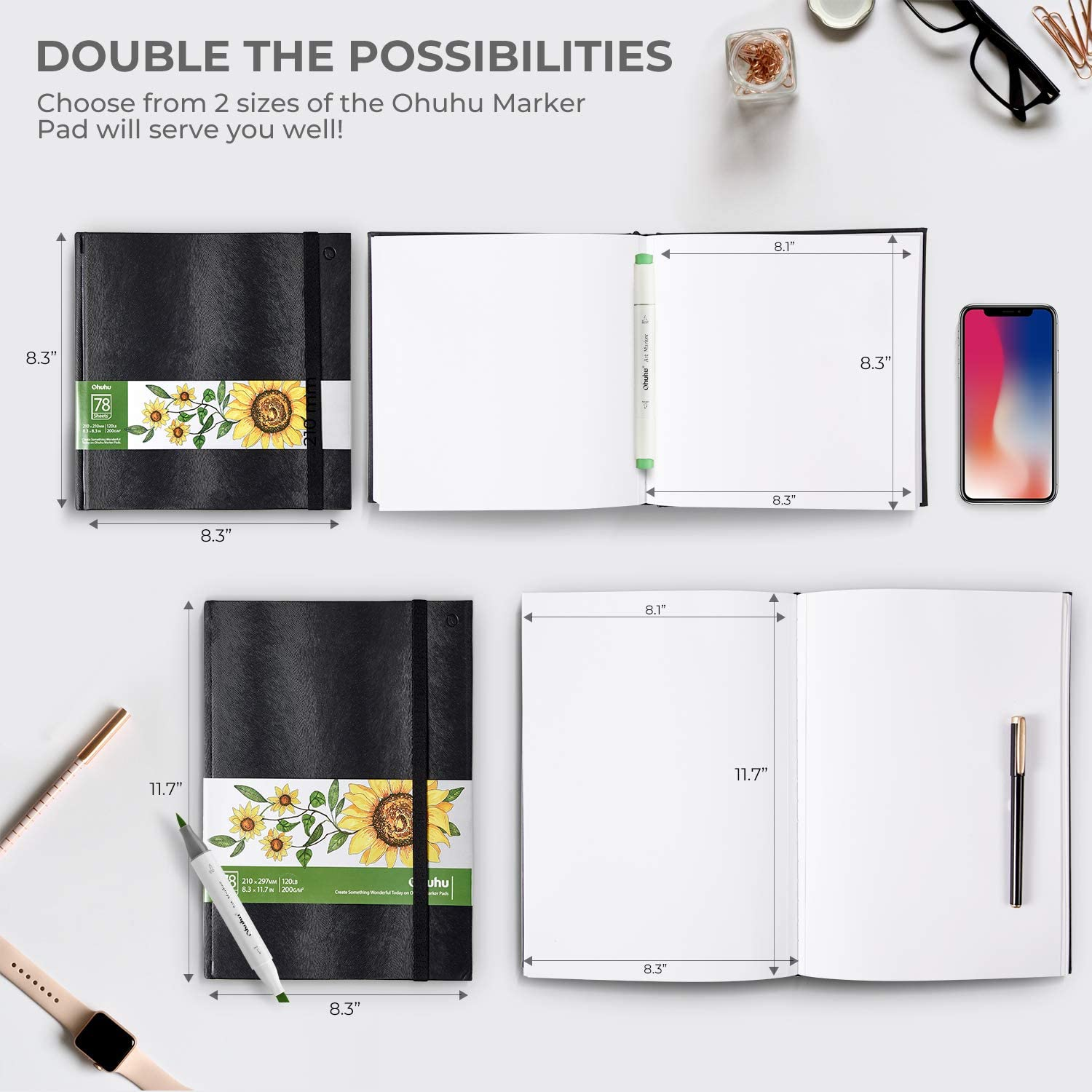Ohuhu Marker Pads Art Sketchbooks, 2-Pack 21X21Cm & 21X30Cm, 120 LB/200GSM Smooth Drawing Papers, Each Size Holds 78 Sheets/156 Pages, Hardcover Sketch Book, Specially Designed for Alcohol Markers image number 4