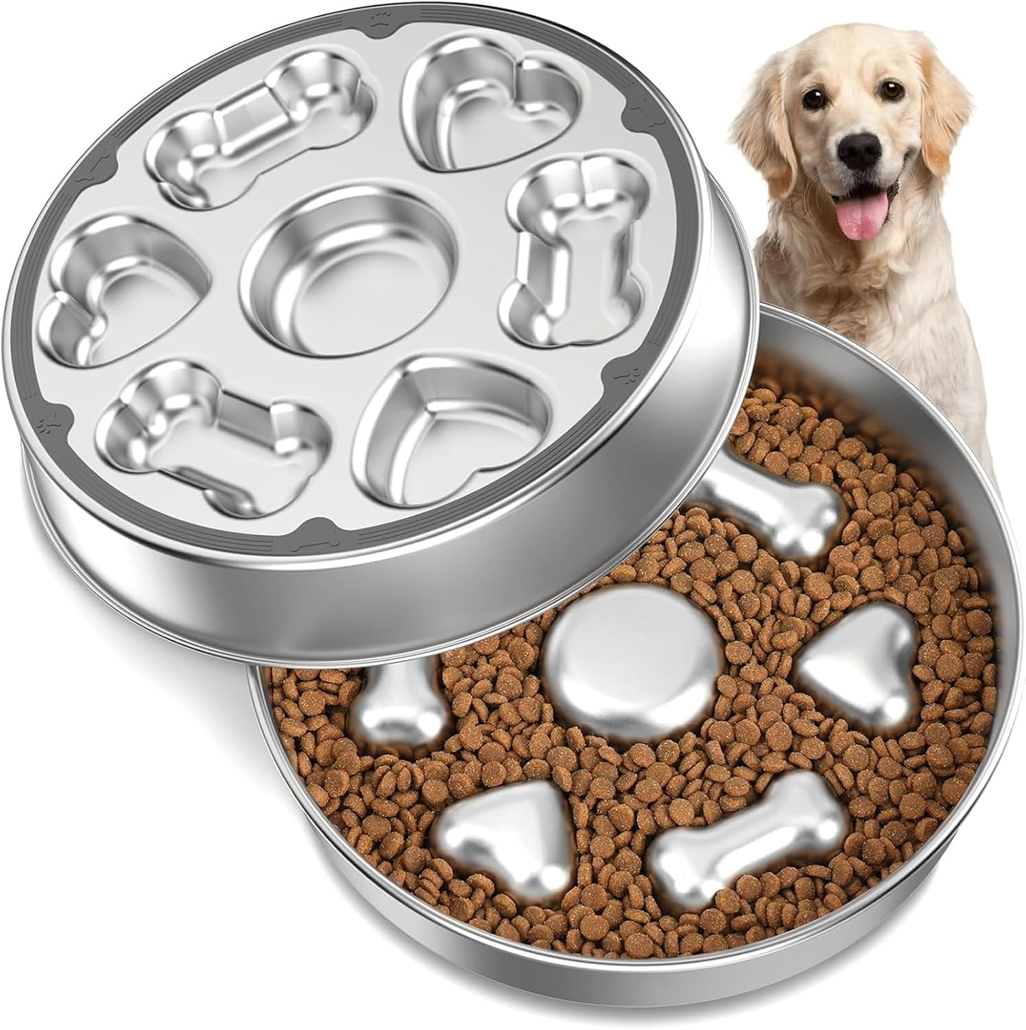 Slow Feeder Dog Bowls, 304 Stainless Steel Dog Slow Feeder Bowl 5 Cups Metal Dog Food Bowl with Non-Slip Base Bloat Stop Slow Eating Dog Bowl for Medium & Large Breed, Dishwasher Safe image number 1