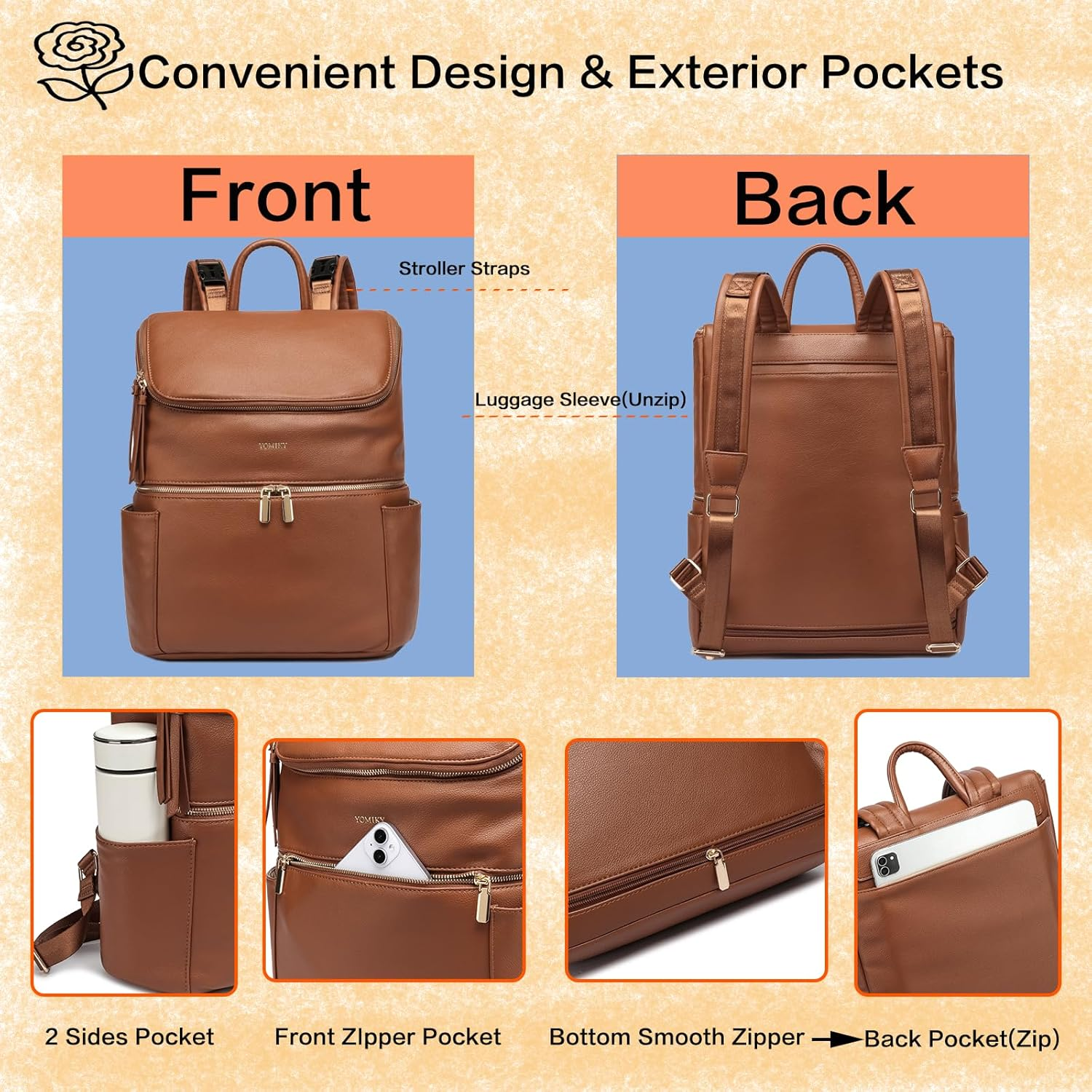 Leather Diaper Bag Backpack for Women with Multiple Pockets,Laptop Compartment and Changing Pad. - Grey image number 3