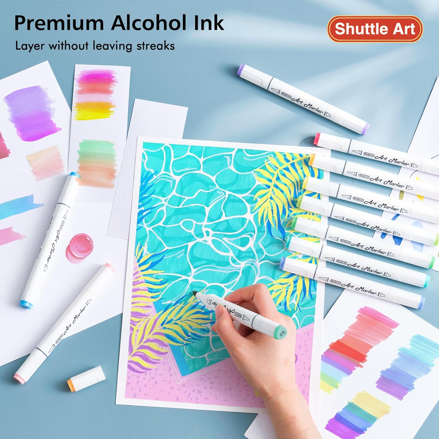 Shuttle Art Pastel Alcohol Markers Brush Tip, Dual Tip Brush & Chisel Tip Art Marker Set, 50 Colors plus 1 Blender Marker Pens with Case Perfect for Illustration Students Adults Coloring Sketching image number 4