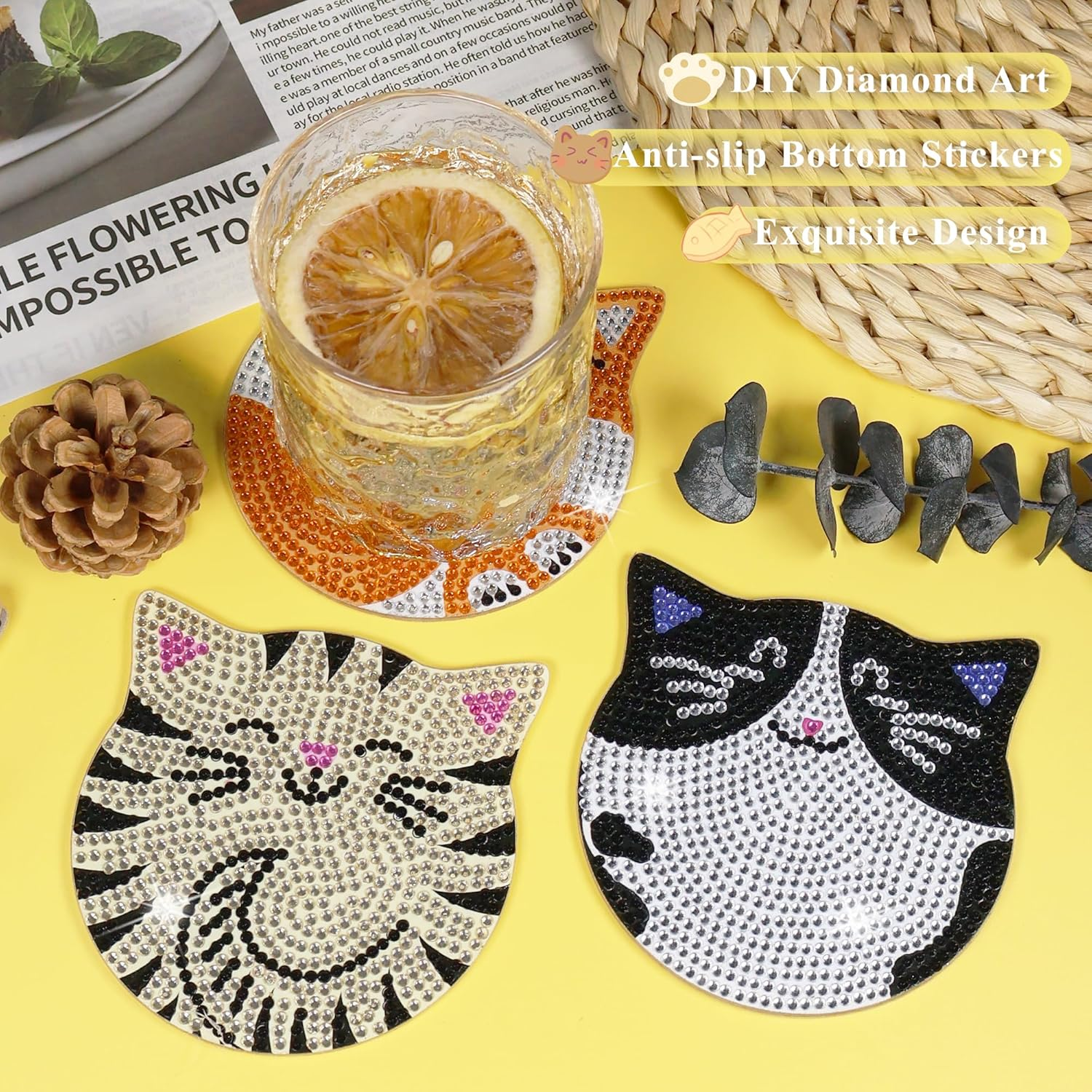 Diamond Painting Coasters Kits - 6 Pcs Cat Diamond Art with Holder, Crafts Kits for DIY, Diamond Art Kits for Adults