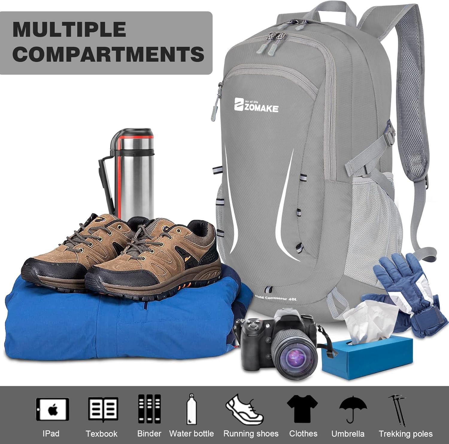 Zomake Foldable Backpack - Lightweight Packable Hiking Packs 35L, Waterproof Daypack for Travel, Outdoor Camping and Daily Use - Grey image number 2