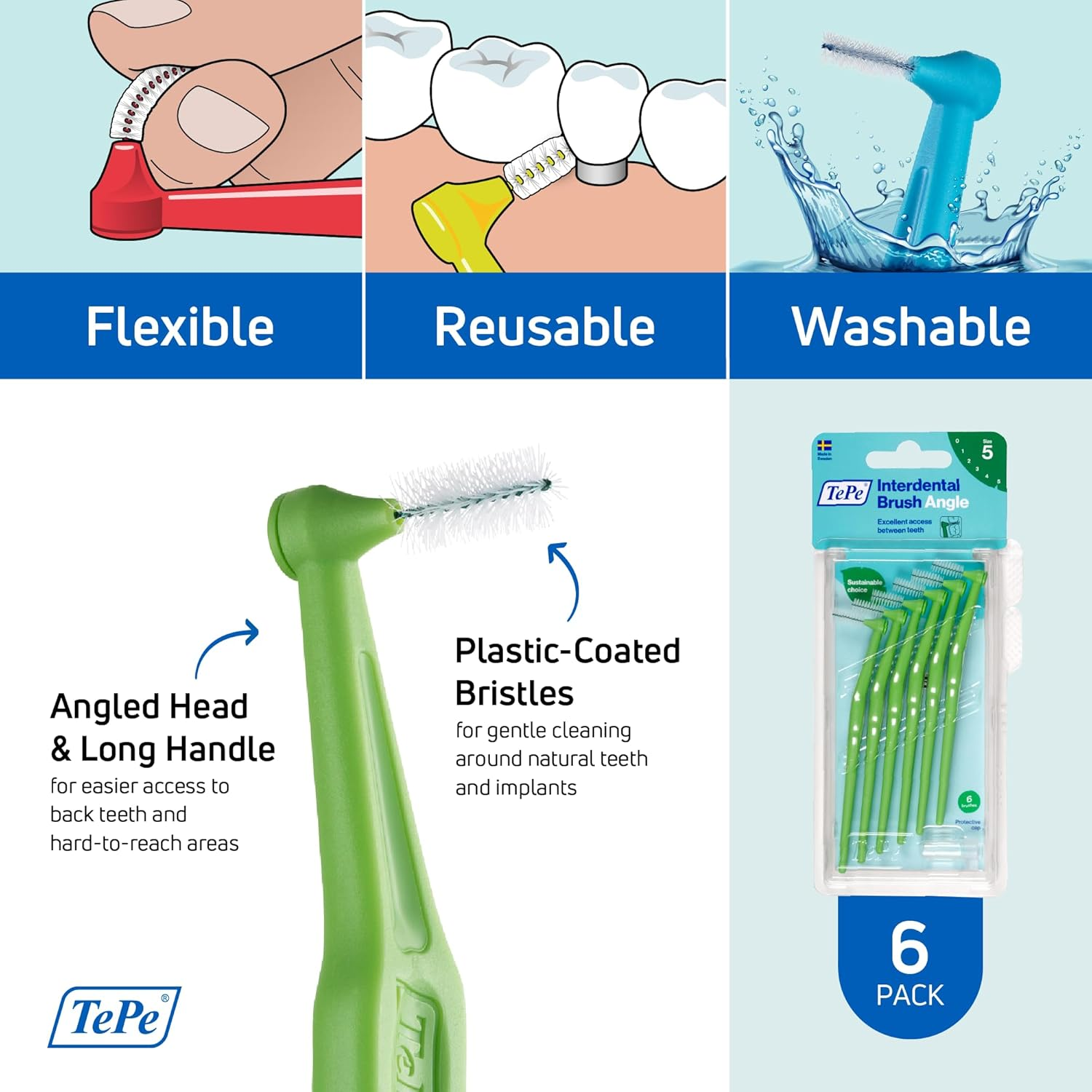 Tepe Interdental Brush Angle, Green, 0.8Mm/Iso 5, 6Pcs, Plaque Remover, Easy and Efficient Cleaning between Teeth, Tooth Floss for Small Gaps image number 4