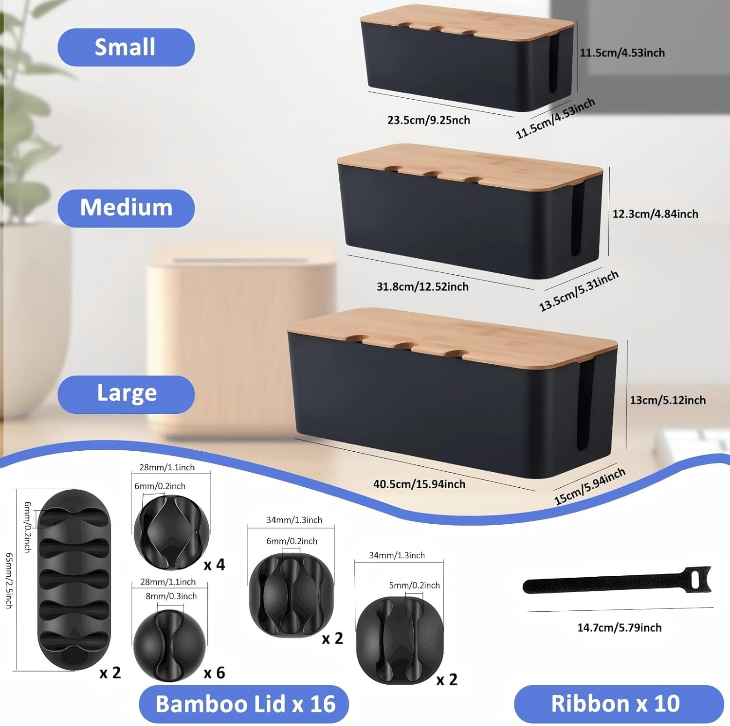 3 PCS Cable Management Box with Bamboo Lid, for TV, Computer, Router, USB Hub and under Desk Power Strip, Safe ABS Material and Baby-Pets Proof Lock, with 10 Cable Ties & 16 Multi-Hole Hubs (Black) image number 6