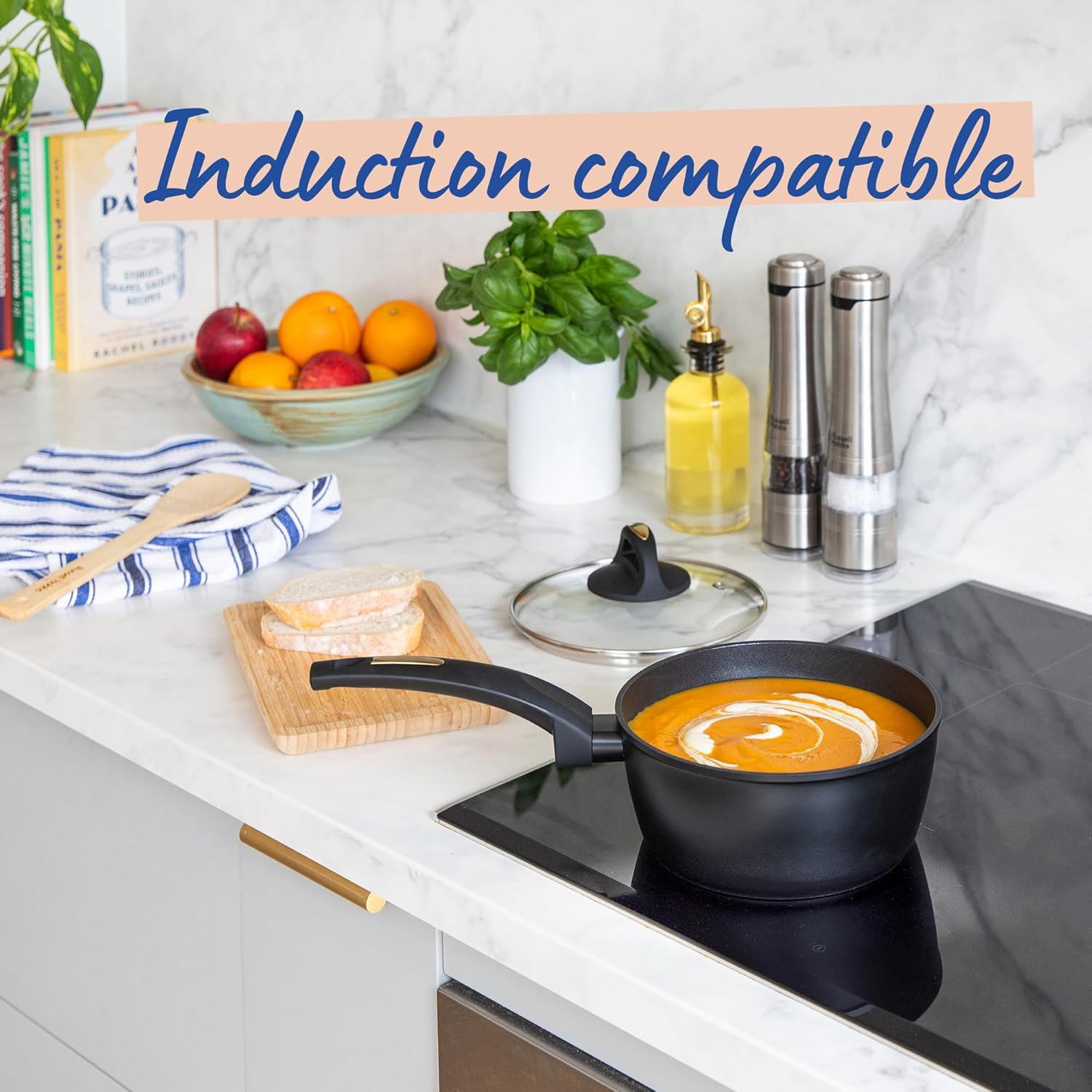Russell Hobbs Noir Gold 18Cm Saucepan, RHCW18SNG, Induction Compatible, Soft Touch Bakelite Handle, Tempered Glass Lid, Easy Clean Non-Stick Surface, Stylish Gold Accents
