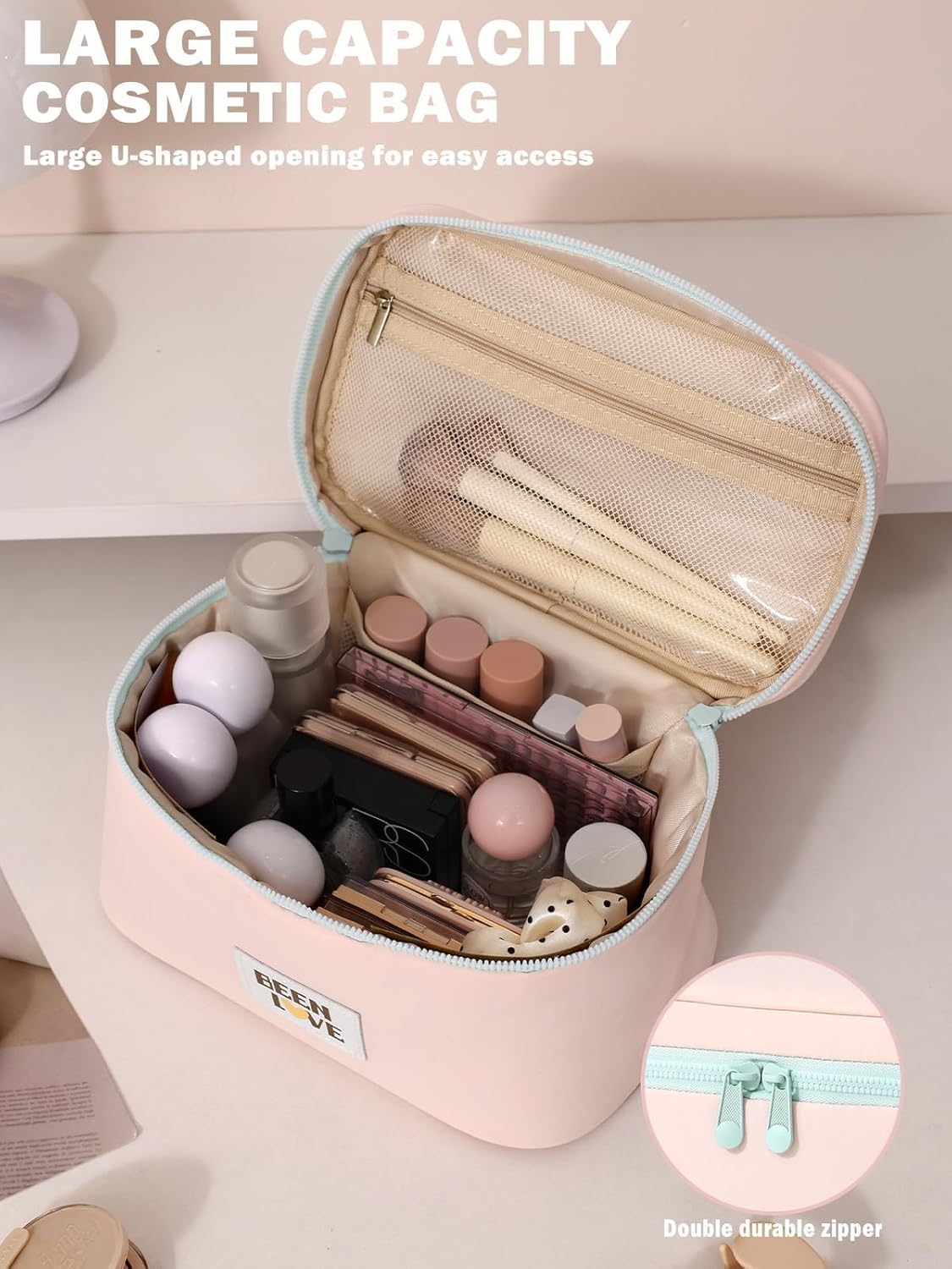 Travel Makeup Bag Cute Cosmetic Bag for Women Large Capacity Makeup Case Organizer Bag Toiletry Bag Portable Waterproof Make up Bags with Handle and Divider, Pink (Pink)