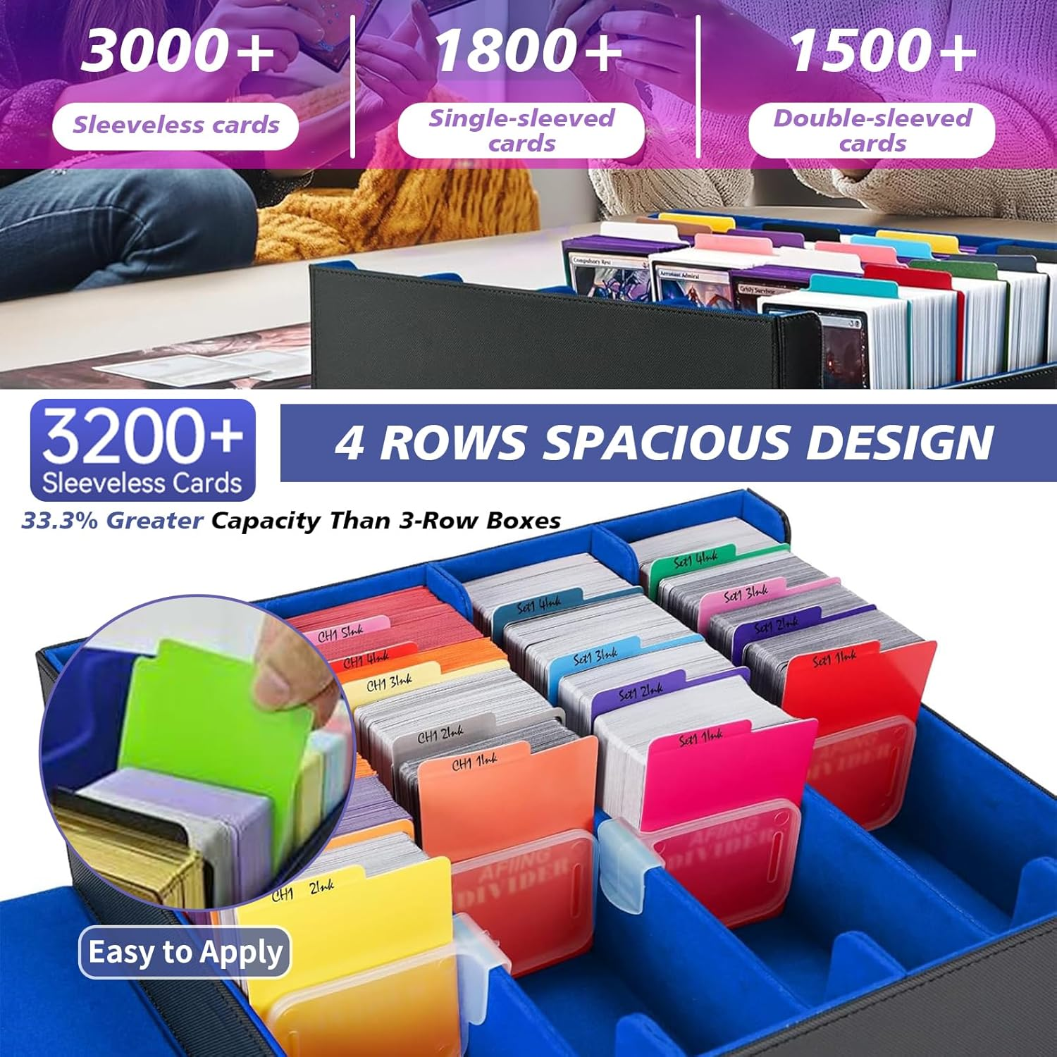 PU Leather Trading Card Deck Case with Display Windows, 3000+ MTG Deck Box with 24 PCS Colorful Dividers Tabs, Magnetic Closure Storage Boxes, Slot Support for Magic Game Cards (BKRED)