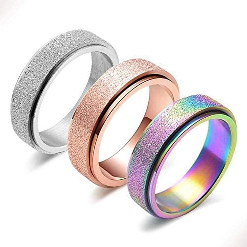 Spinner Ring for Women Anxiety Relief - 3Pcs 6MM Stainless Steel Sand Blast Glitter Finish Rose Gold Silver Rainbow Color Fidget Ring Band Set (7) image number 4