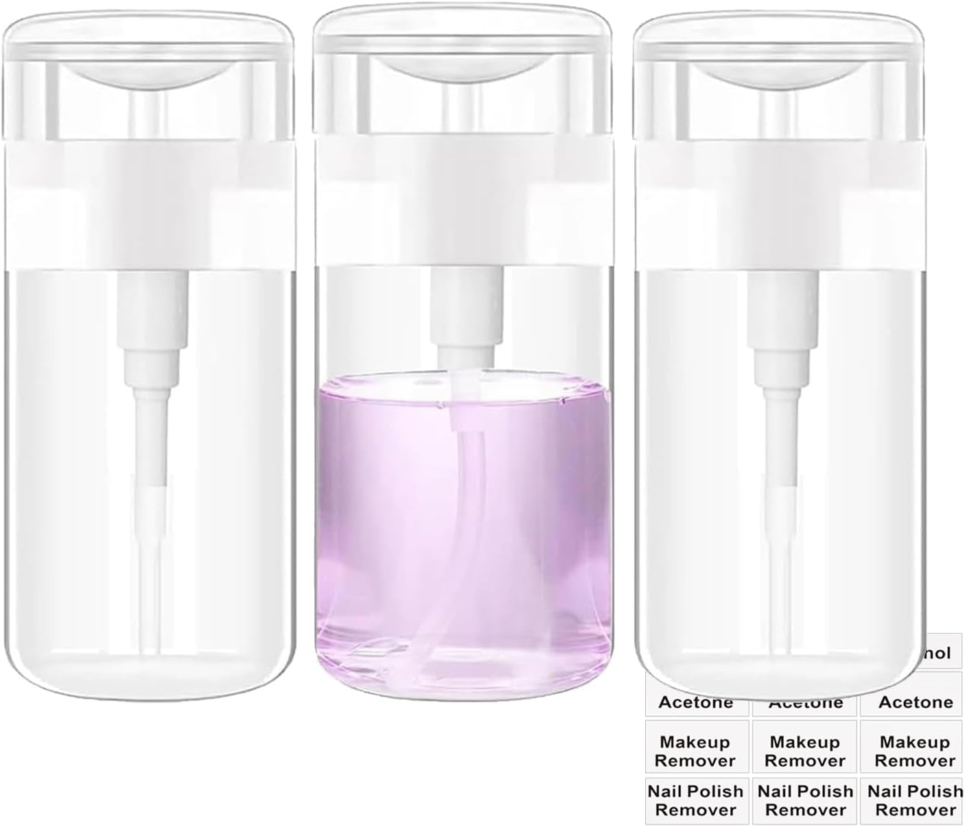 Push down Pump Dispenser 3Pack Nail Polish Remover Pump Bottles Alcohol Acetone Dispenser Clear Empty Pump Dispenser for Makeup Remover Travel Bottles with Stickers image number 2