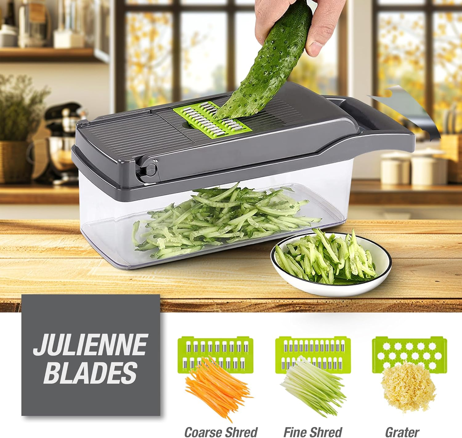 MS. KUKI Vegetable Chopper 12 in 1 Multifunctional Veggie Mandoline Slicer Cutter Food Dicer with Container Hand Guard Draining Basket Stainless Steel Blades for Onion Potato Carrot - White (Grey) - White image number 7