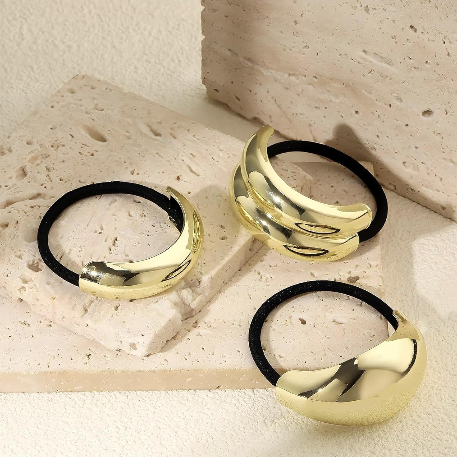 3 PCS Metal Hair Ties Set, Gold Ponytail Cuffs with Geometric Design, Durable & Elegant Gold Hair Accessories, Glossy Arch Elastic Hair Ties for Women (Gold) image number 6